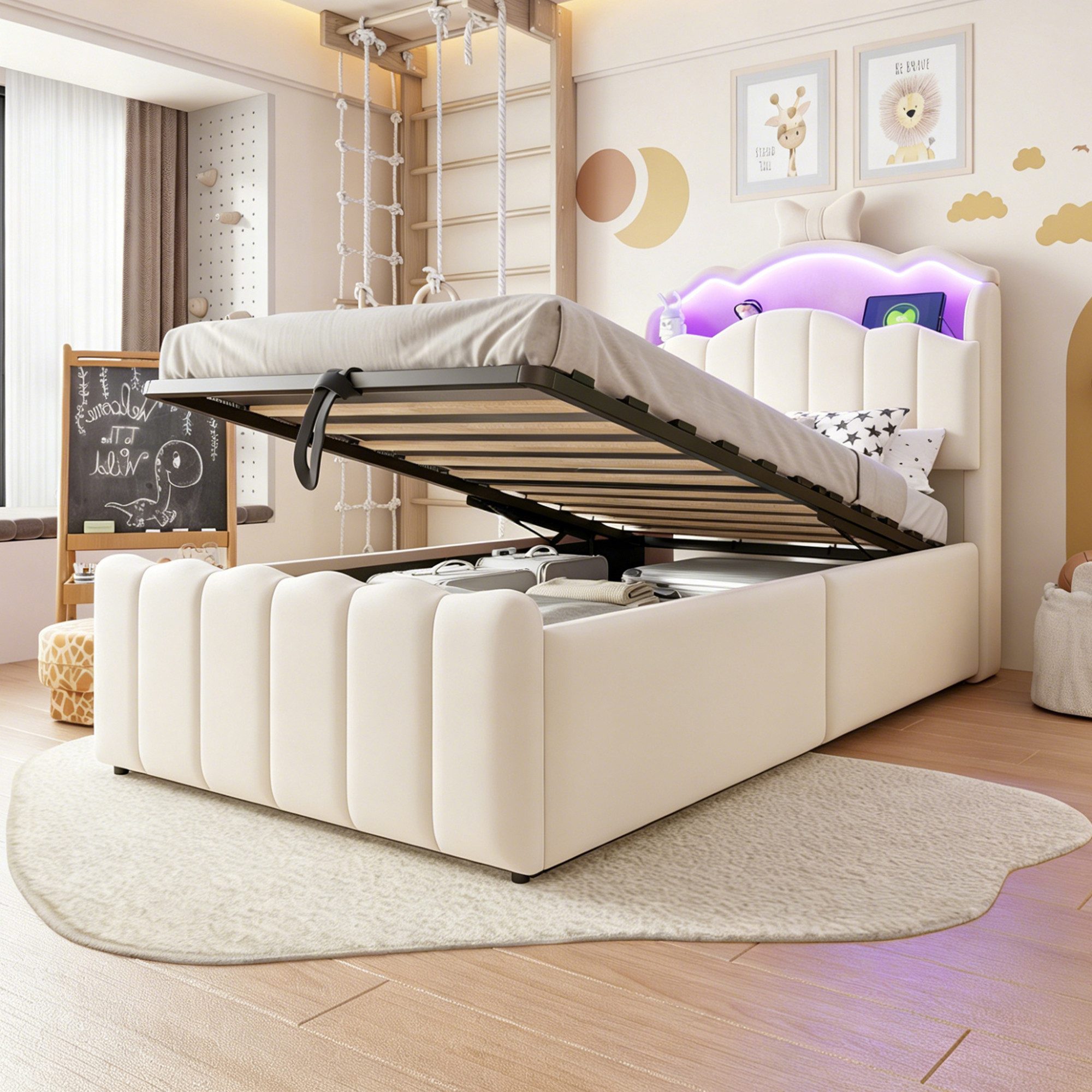 Merax Polsterbett mit LED-Kopfteil und USB & USB-C Anschluss, Samtbezug (1-tlg), Kinderbett 90x200cm mit hydraulischem Stauraum, aufklappbarem Kopfteil