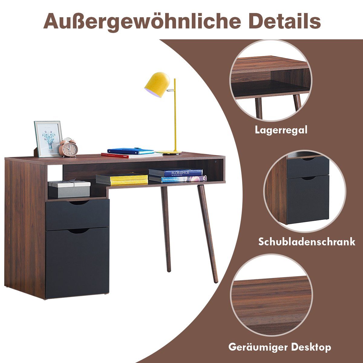 Fach & Schrank, Schublade, 120x55x78cm offenem Schreibtisch, mit COSTWAY