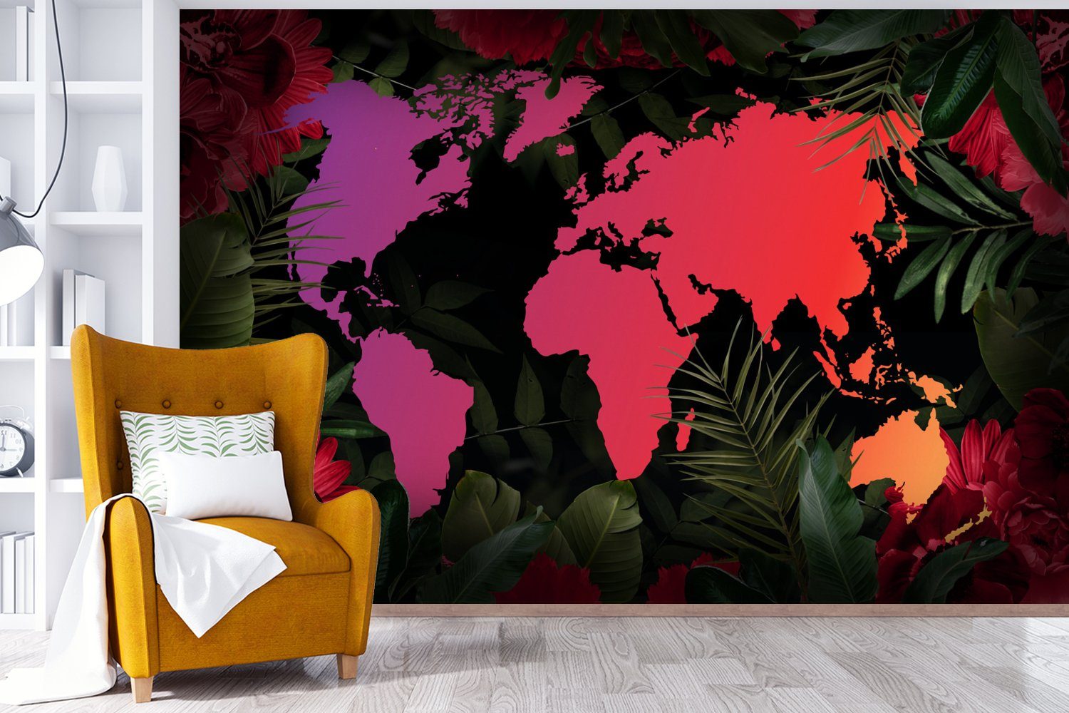 Schlafzimmer, Matt, Wallpaper (6 Tapete Fototapete MuchoWow Dschungel, - Vinyl Weltkarte für Farben - Kinderzimmer, Wohnzimmer, St), bedruckt,