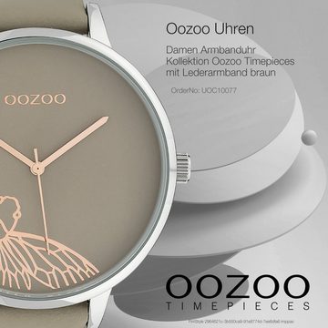 OOZOO Quarzuhr Oozoo Damen Armbanduhr beige, Damenuhr rund, extra groß (ca. 48mm) Lederarmband, Fashion-Style