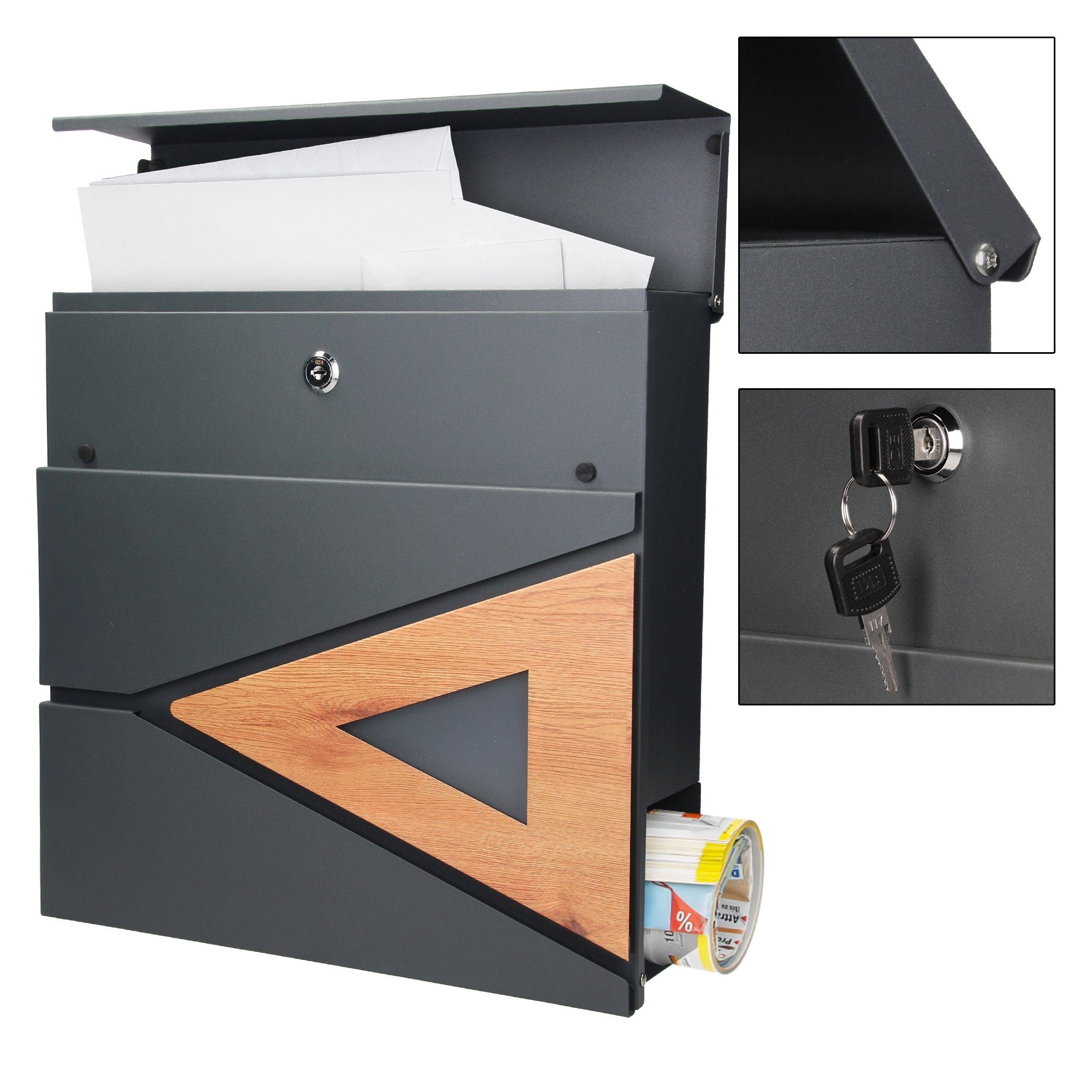 Mailbox, 2 Stahl 37x36,5x11cm Zeitungsfach Anthrazit/Holzoptik Modern ML-DESIGN Wandbriefkasten Abschließbar Briefkasten mit Schlüssel Zeitungsrolle Postkasten mit