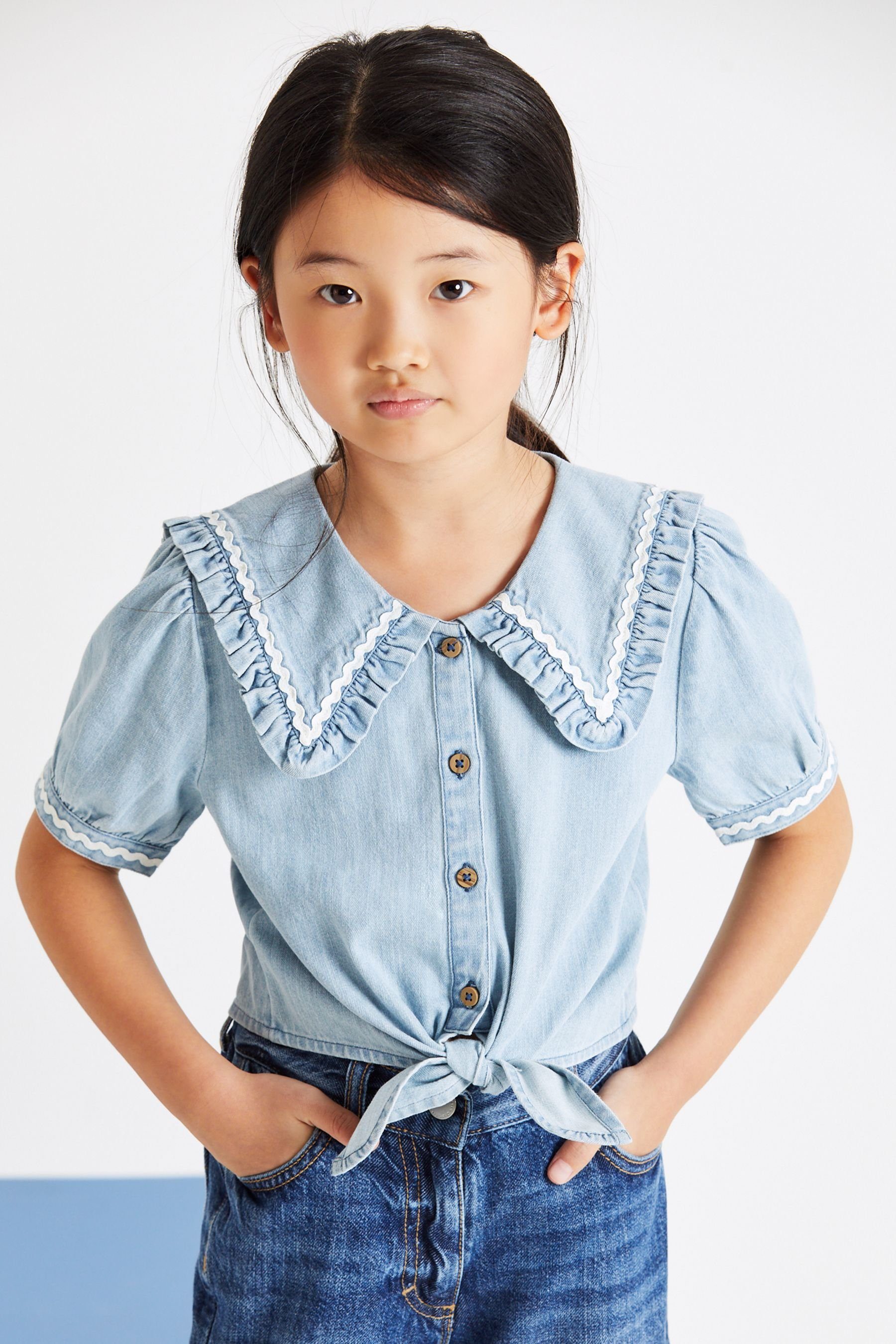 Next Blusentop Bluse mit Puffärmeln und Bindeschleife (1-tlg) Blue Denim