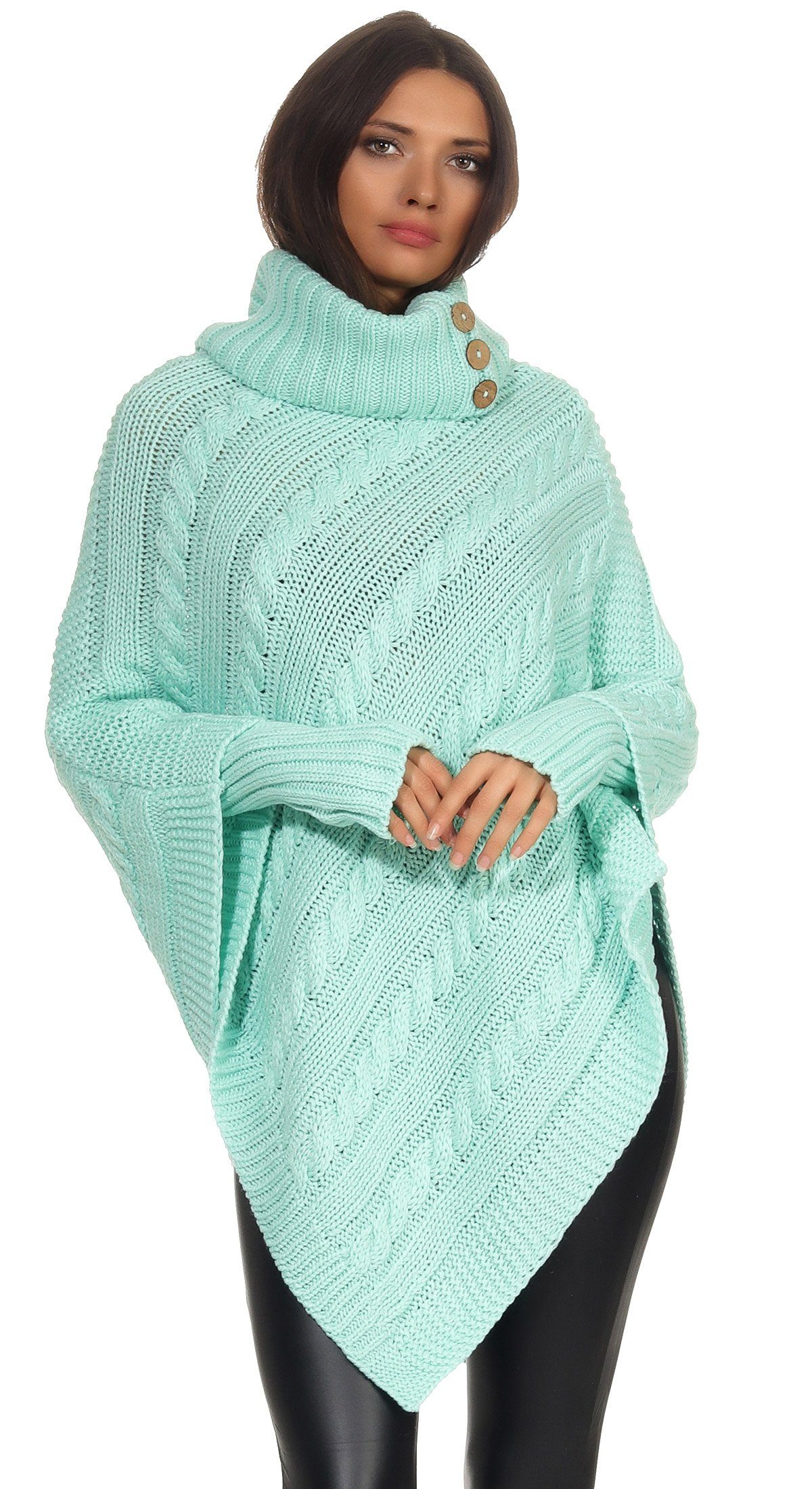 Pullover Sweatshirt Mint 3012 mit Umhang Strick Überwurf Poncho Strickponcho Stulpen Mississhop