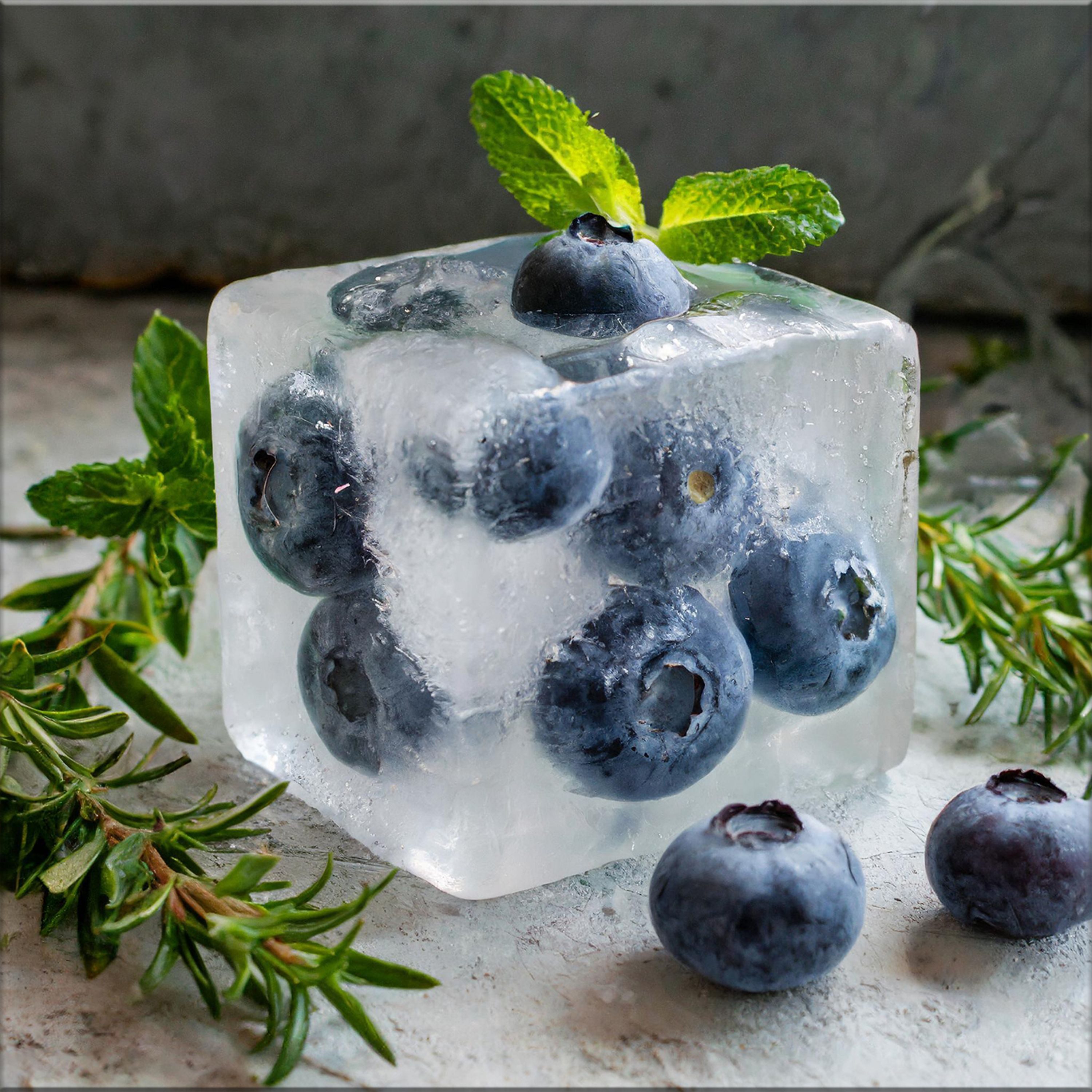artissimo Glasbild Bild aus Glas 30x30 cm / Wandbild Küche / Küchendeko Wand, Küchenbild: Eiswürfel mit Blaubeeren