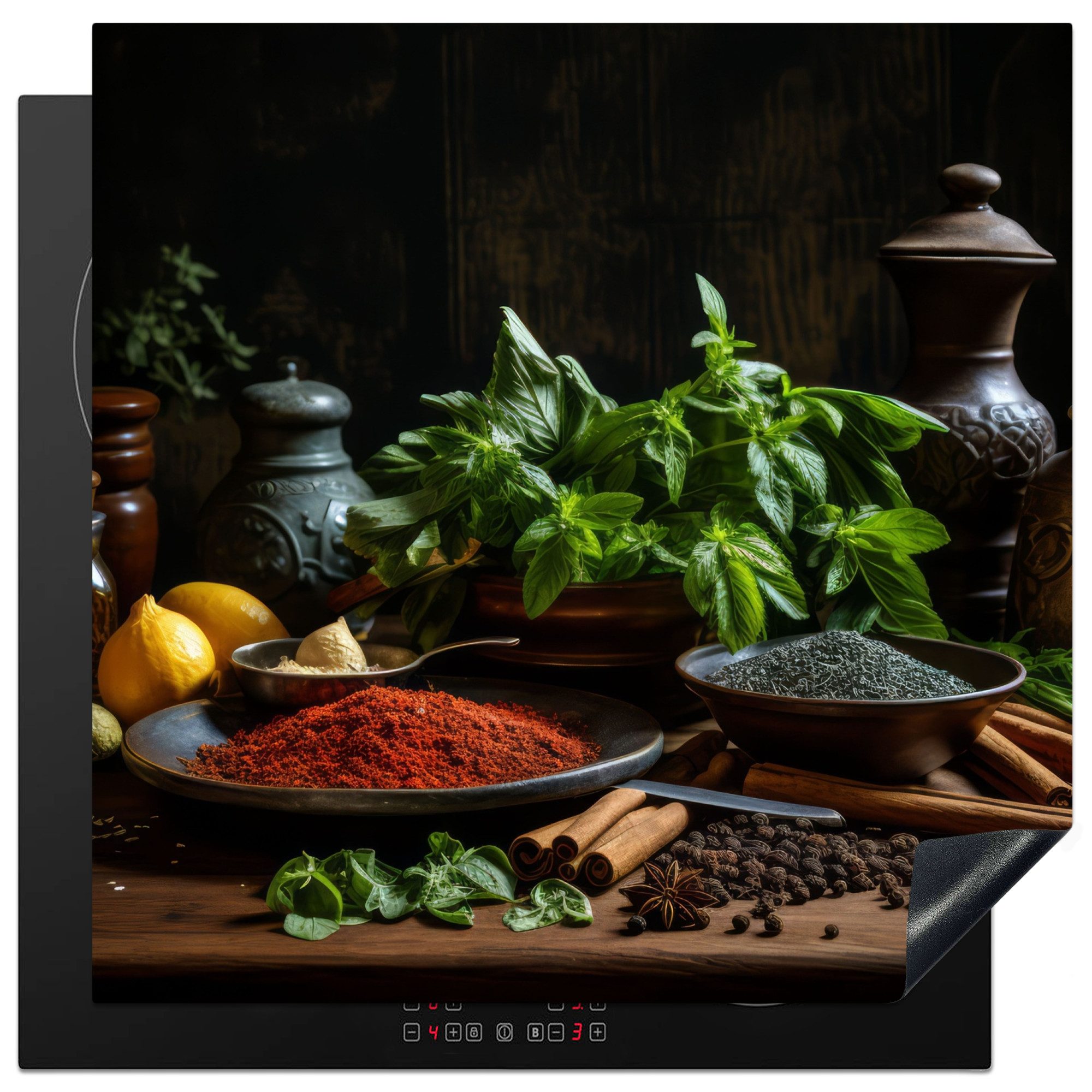 MuchoWow Herd-Abdeckplatte Stilleben - Kräuter - Schwarz, Vinyl, (1 tlg), Küche Herdabdeckung Ceranfeld Induktionsfeld Vinyl, 60x60 cm