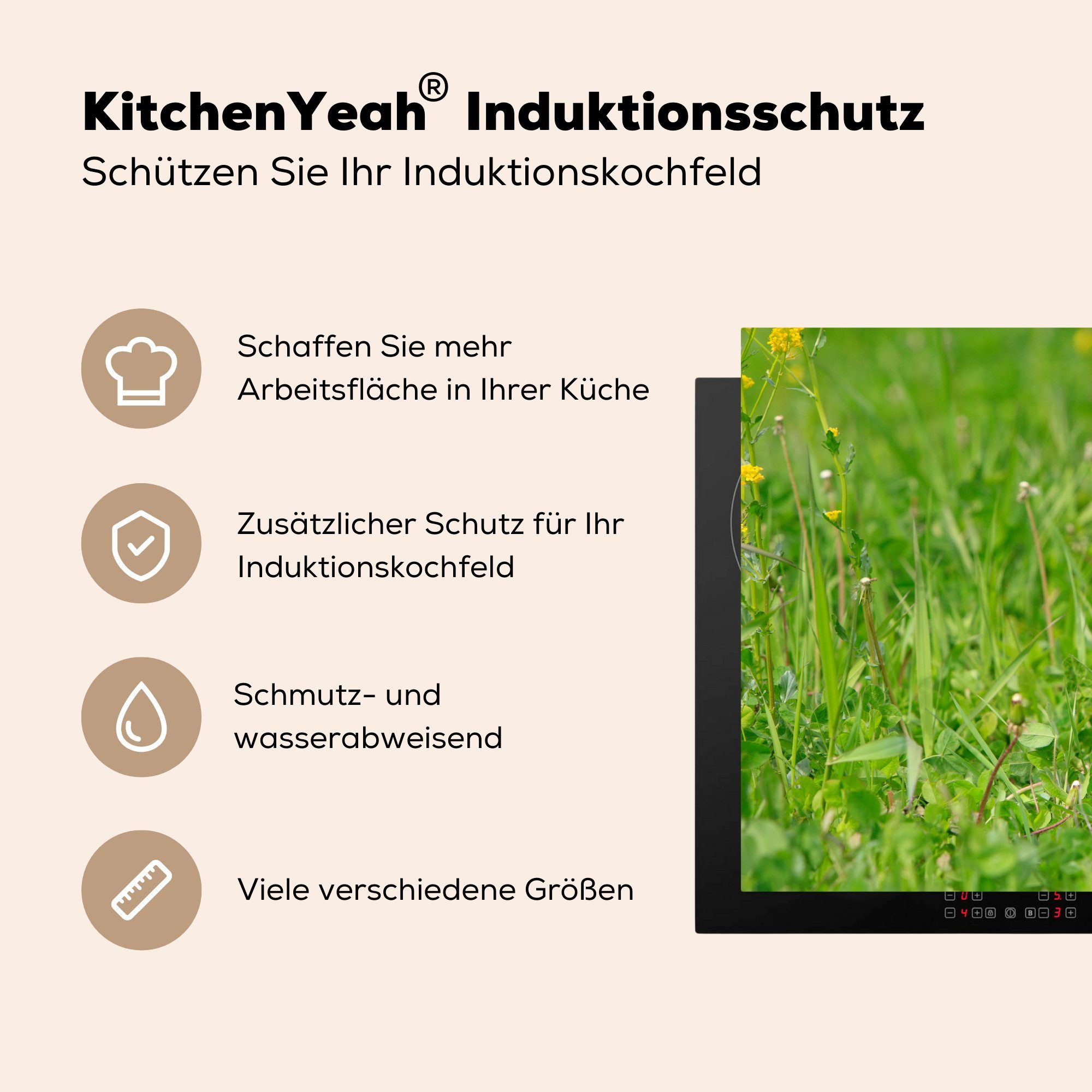Induktionskochfeld Hirsche Gras küche, Vinyl, 81x52 (1 für Herdblende-/Abdeckplatte Ceranfeldabdeckung - Blumen, - cm, Schutz tlg), MuchoWow die