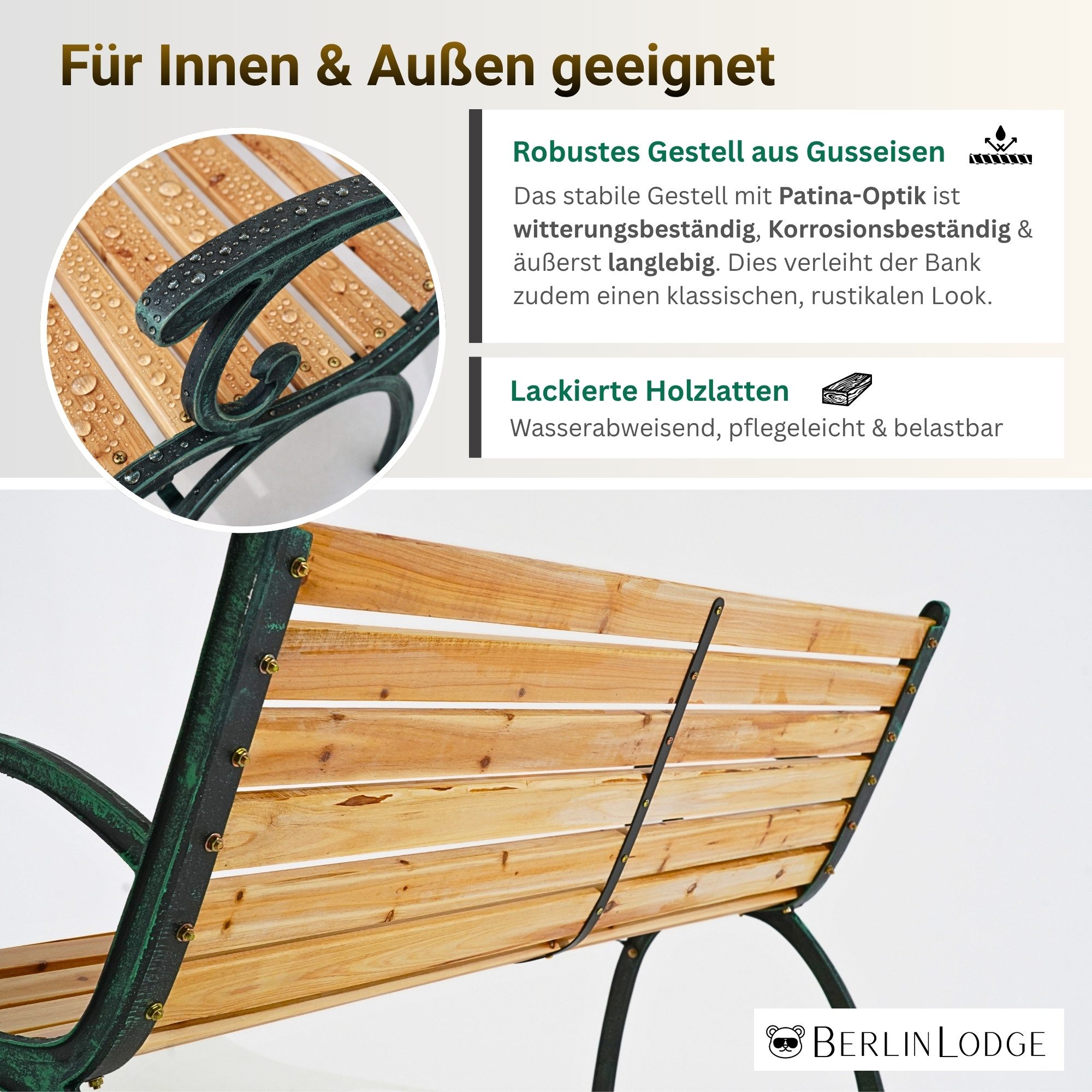 PROREGAL® Gartenbank MADEIRA Holz Gusseisen 2-Sitzer wetterfest rustikal 77x123x54cm Natur, Balkonbank Holzbank Wintergarten Gartenmöbel Sitzbank Parkbank – Bild 4 von 5