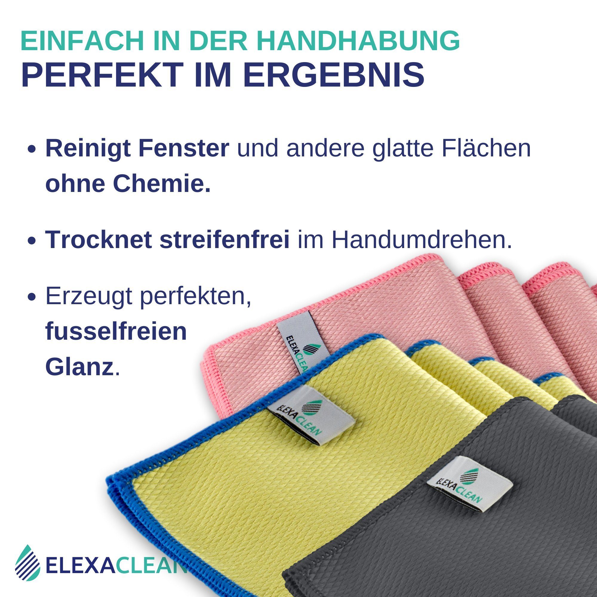 ELEXACLEAN Mikrofaser Fenstertücher Reinigungstücher (80% Polyester, 20% Polyamid (Mikrofaser), 40x60 cm, Set, 3-tlg., 60x40 cm, streifenfrei, fusselfrei, reini – Bild 3 von 5