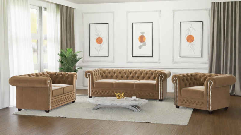 S-Style Möbel Polstergarnitur Chesterfield Lena mit Schlaffunktion 3+2+1 Samt Bezug, (3-Sitzer-Sofa, 2-Sitzer-Sofa mit Schlaffunktion, Sessel), mit Wellenfederung