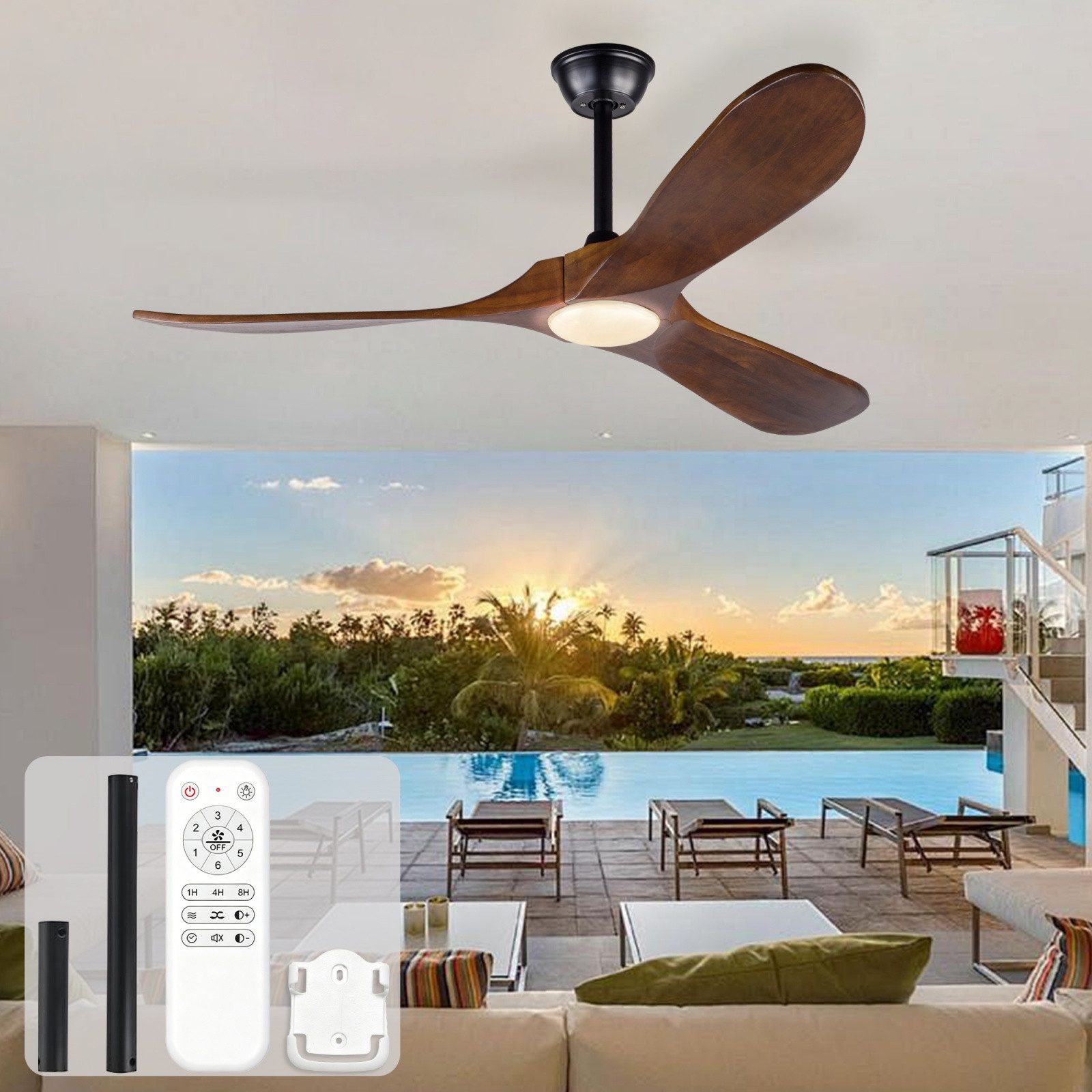Blossom Deckenventilator 52-Zoll-Deckenventilator mit Licht, Massivholzflügeln, 3CCT LED, Sommer & Winter DC-Motor, für Wohnzimmer Schlafzimmer