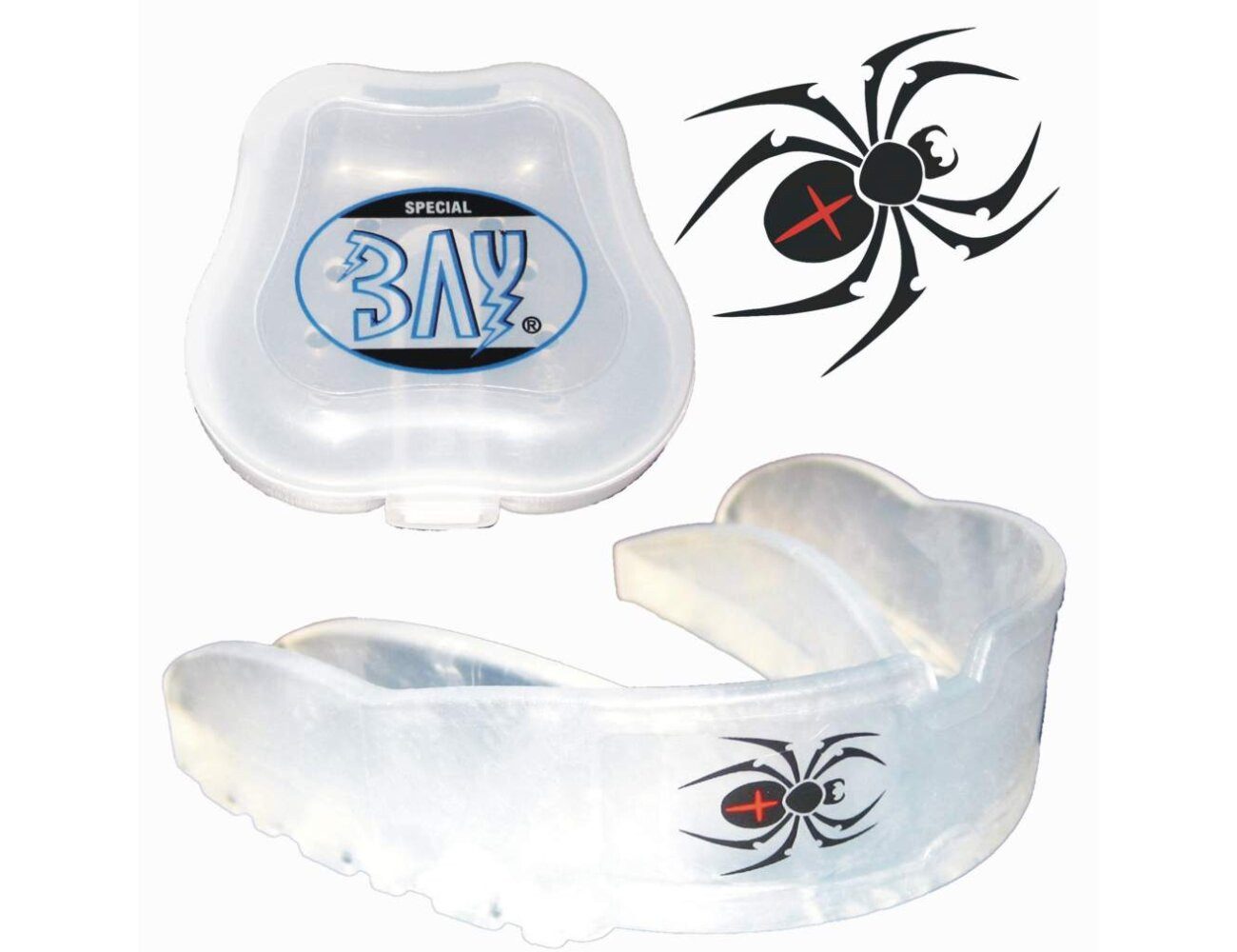 BAY-Sports Zahnschutz Zahnschützer Spinne Spider Smile Kinder Erwachsene (mit Dose, weiß, schwarz, transparent), gute Passform Zähne geschützt detaillierte Anleitung Kinder Erwachsene