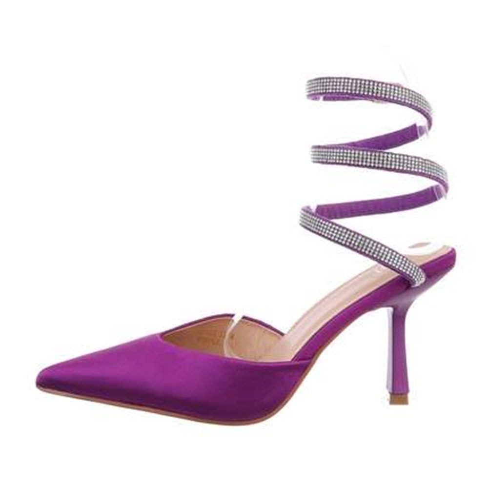 Koucla Stiletto Sandalette Satin violett lila Strass Slingpumps Schmuck-Riemchen
