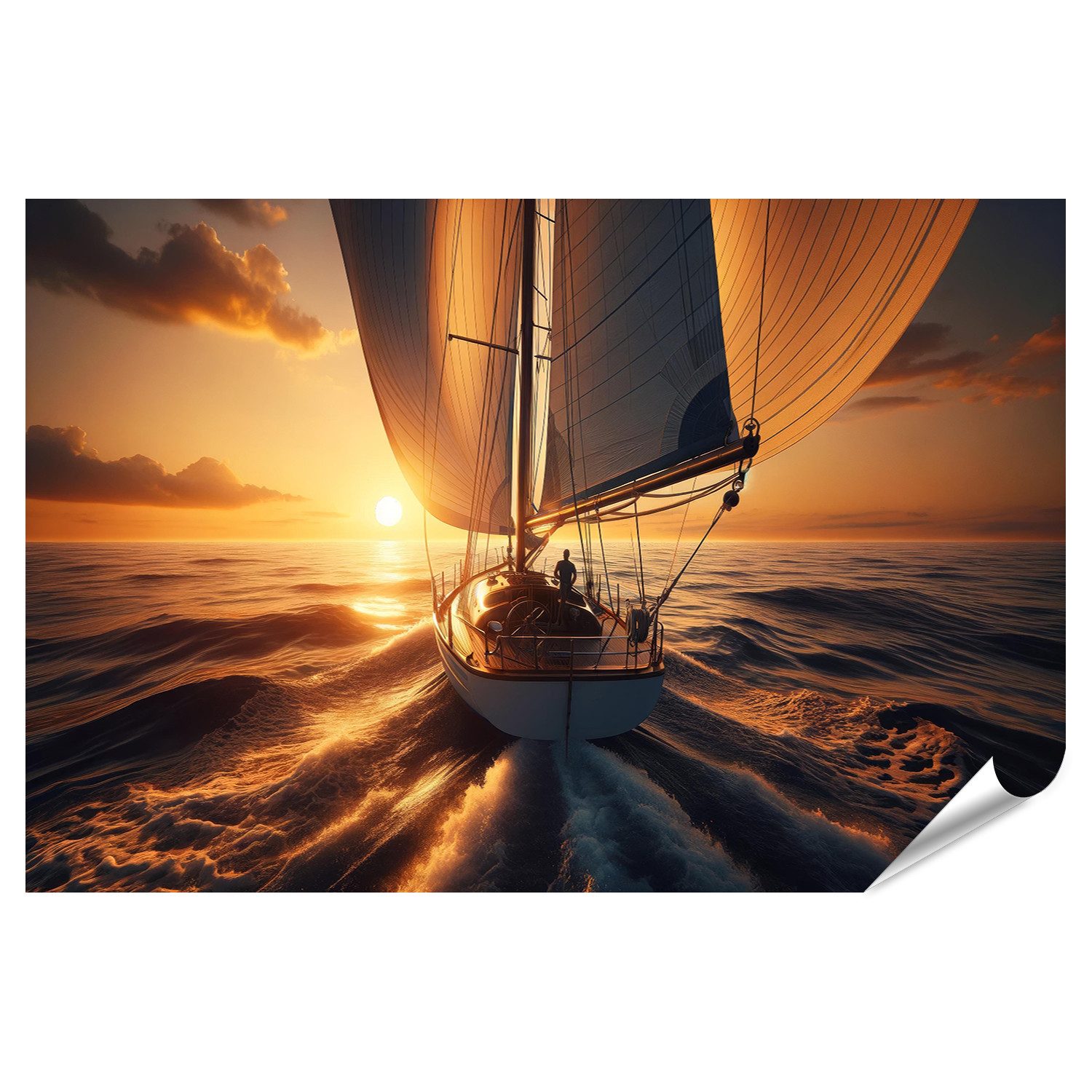 Poster Segelboot bei Sonnenuntergang auf dem Meer im 16:9 Format