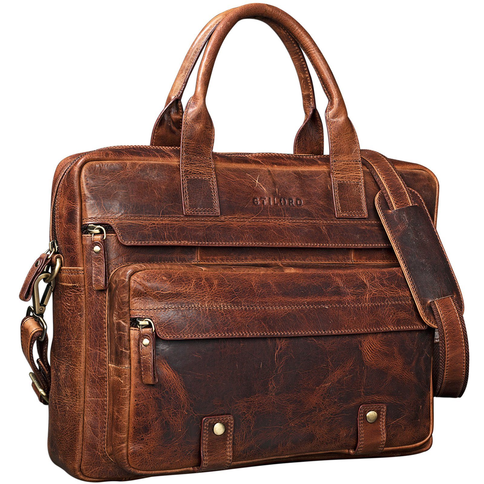 STILORD Laptoptasche "Leander" Umhängetasche Leder kara - cognac