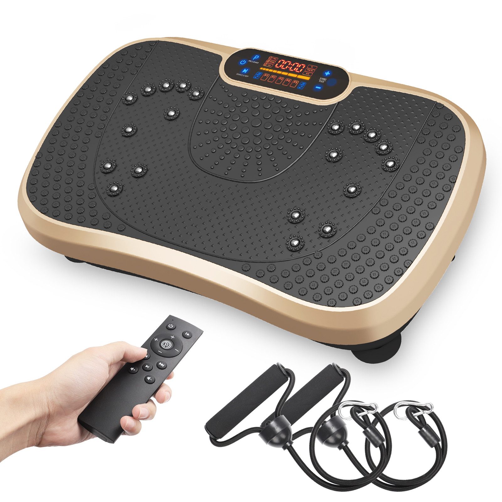 Vibrationsplatte 3D Vibrationsplatte mit 99 Vibrationsstufen+Bluetooth, Trainingsbänder