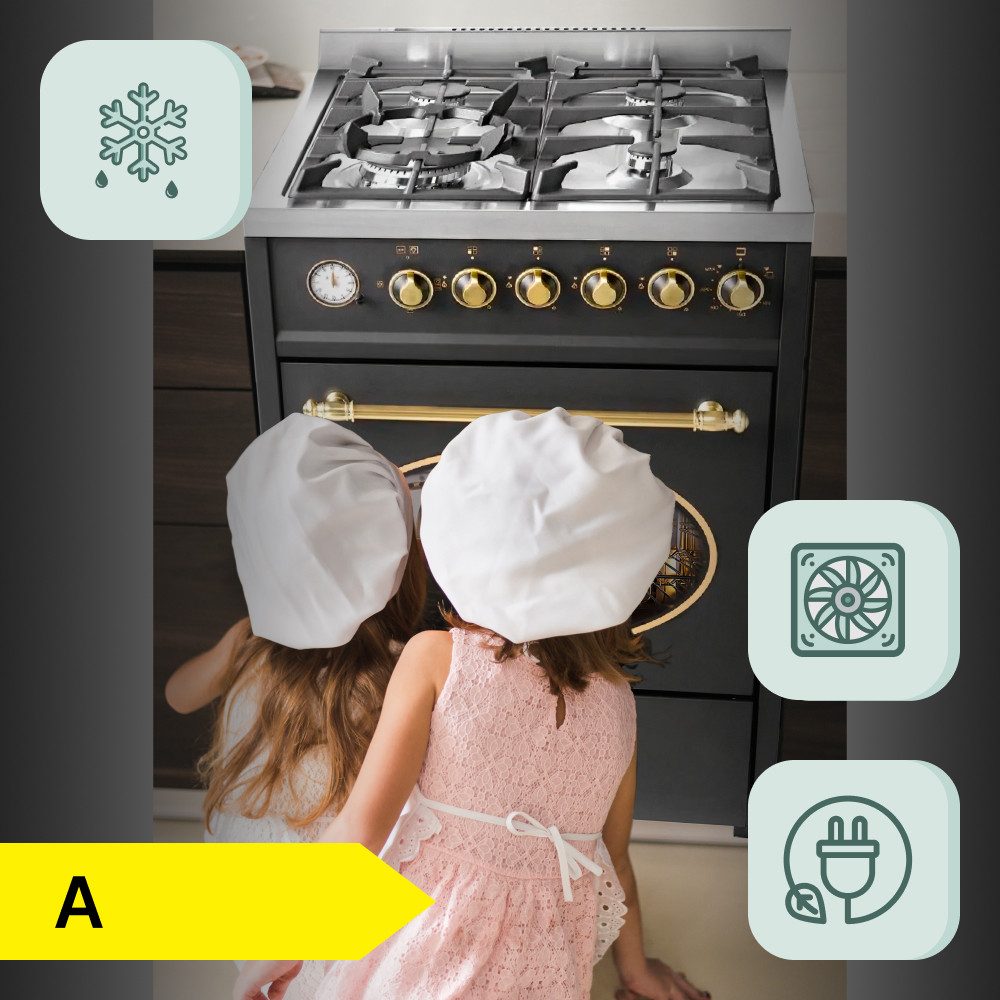 GURARI Gas-Standherd 60 cm Retro Gasherd mit Elektrobackofen 60 L, Schwarz, Erdgas\Fl.Gas E 614 BL r., mit 1-fach-Teleskopauszug, Gas Kochfeld mit WOK Brenner, Multi 8 Backofen, Heißluftsystem