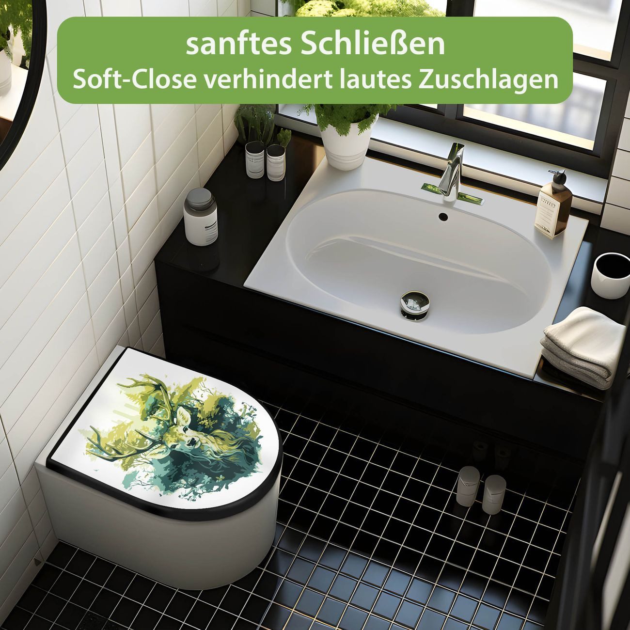 banjado WC-Sitz Premium D-Form mit Absenkautomatik Motiv Hirsch Wald Aquarell (umweltfreundliches Material, Softclose Absenkautomatik), 45 x 36,4 x 4