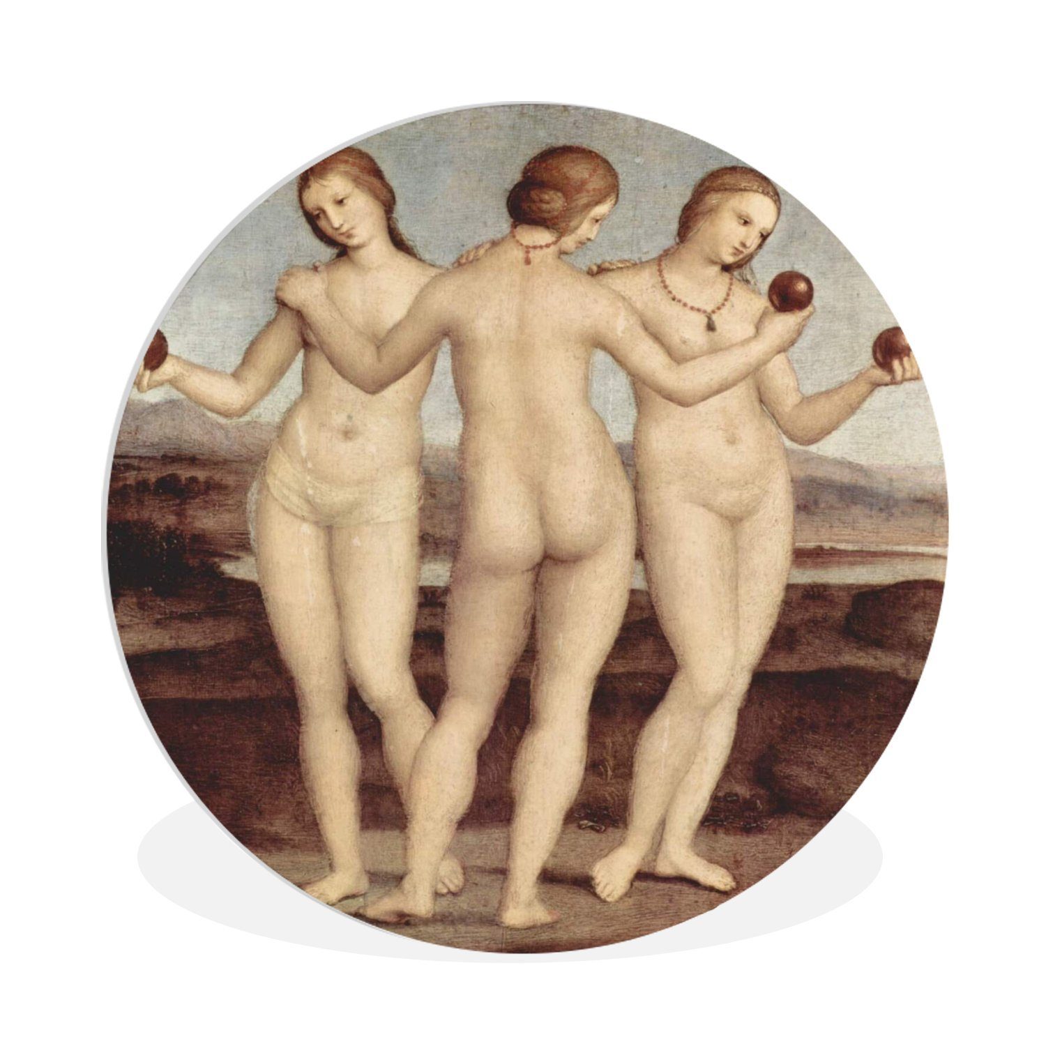 MuchoWow Gemälde Die drei Grazien - Gemälde von Raffael, (1 St), Kreis Wanddekoration Forex, Rundes Wandbild, Wohnzimmer, 30x30 cm