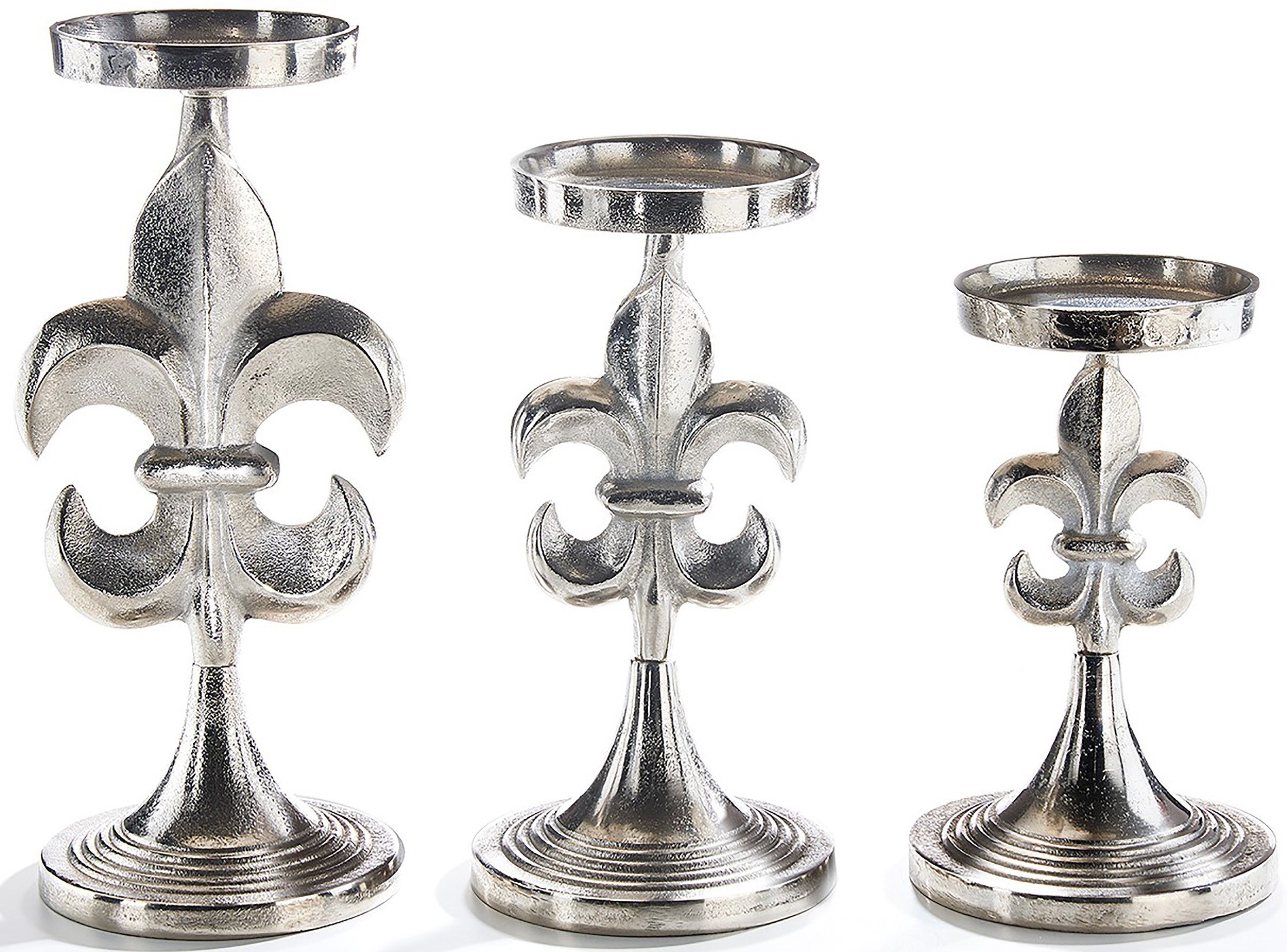 Kobolo Kerzenhalter Kerzenständer LILY aus Metall in silber 3er Set (Fleur-de-Lys)