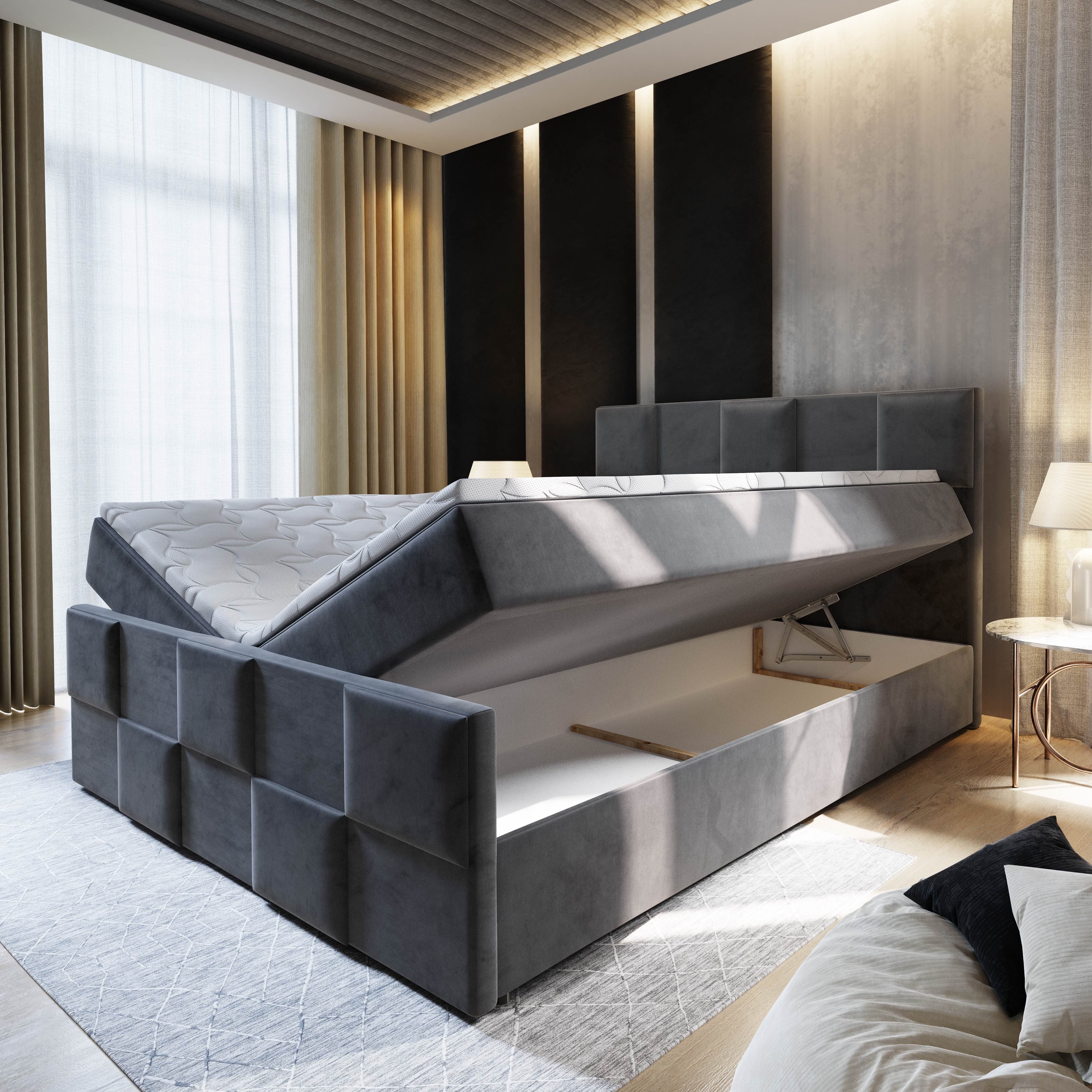 Masseno Boxbett MONA 140x200 cm mit Bonell Matratze und Topper, Doppelbett, Polsterbett mit Kopfteil, Boxspringbett
