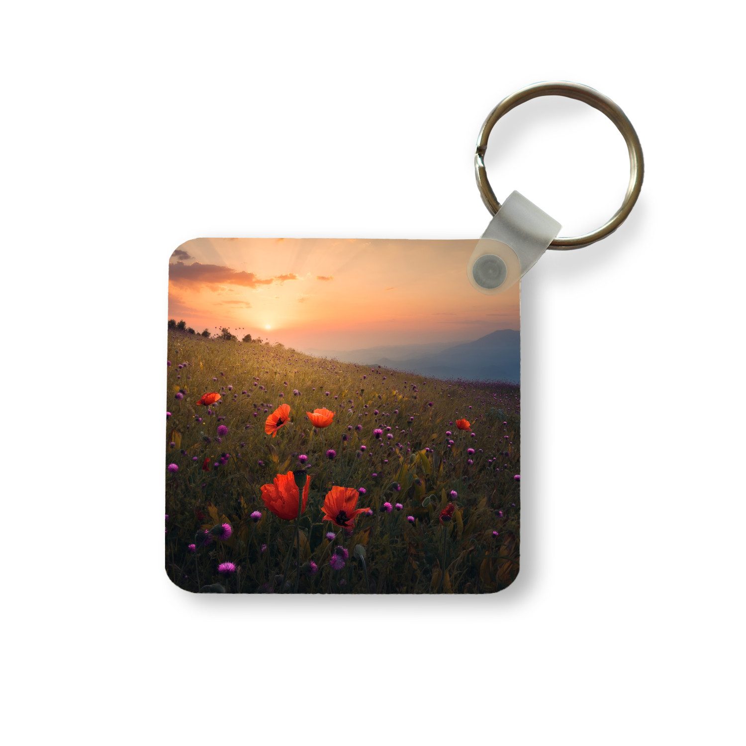 MuchoWow Schlüsselanhänger Blumenfeld - Gras - Blumen - Pflanzen - Sonnenuntergang - Orange, Quadratisch, Accessoire Auto / Haus / Rucksack / Handtasche, 5x5 cm