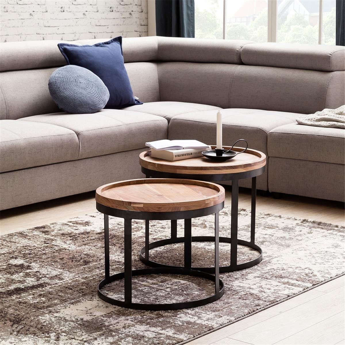 Lomadox Couchtisch, braun, Akazie Massivholz, Metallgestell, Landhausstil, 2er Set