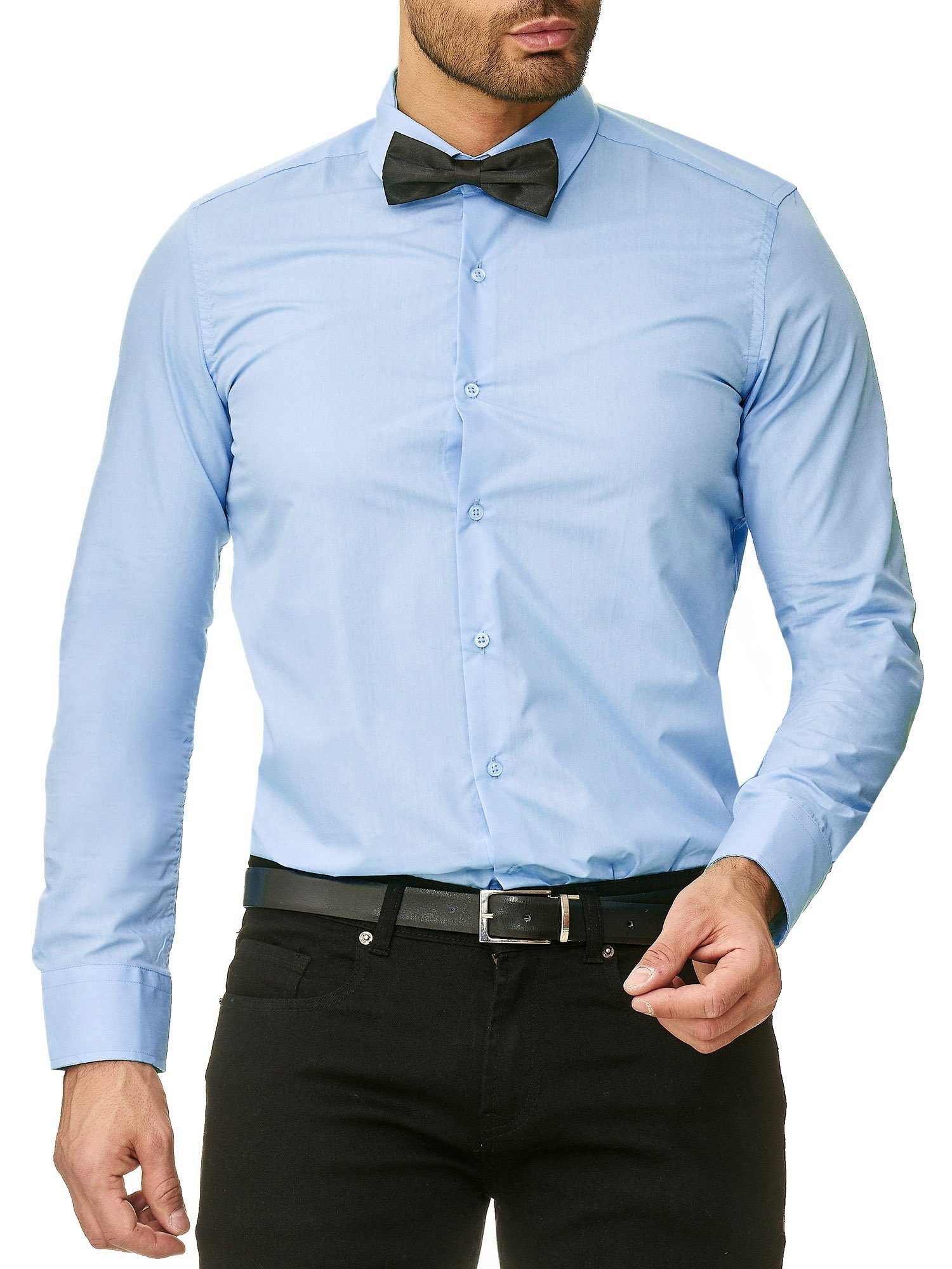Reslad Langarmhemd Reslad Herren-Hemd Slim-Fit + Fliege SET Bügelleic  Freizeithemd Businesshemd Hemd + Fliege SET