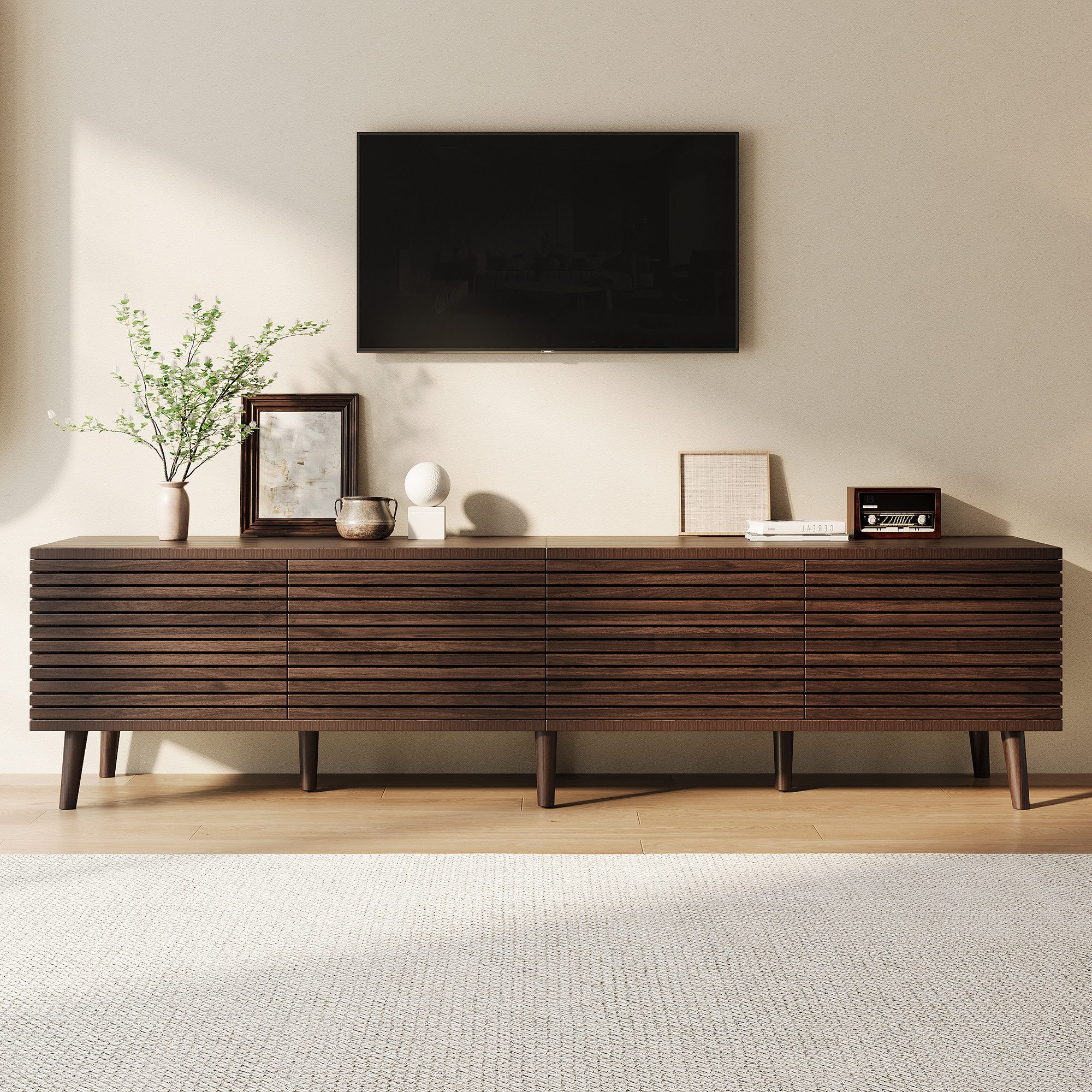 Merax Lowboard mit 4 Türen im Zaun-Design, 6 Staufächern & Stauraum (Fernsehtisch aus MDF und Spanplatte in Holzoptik, 1 St), TV-Schrank mit Kabeldurchführung & Soft-Close Funktion, 180x40x46cm