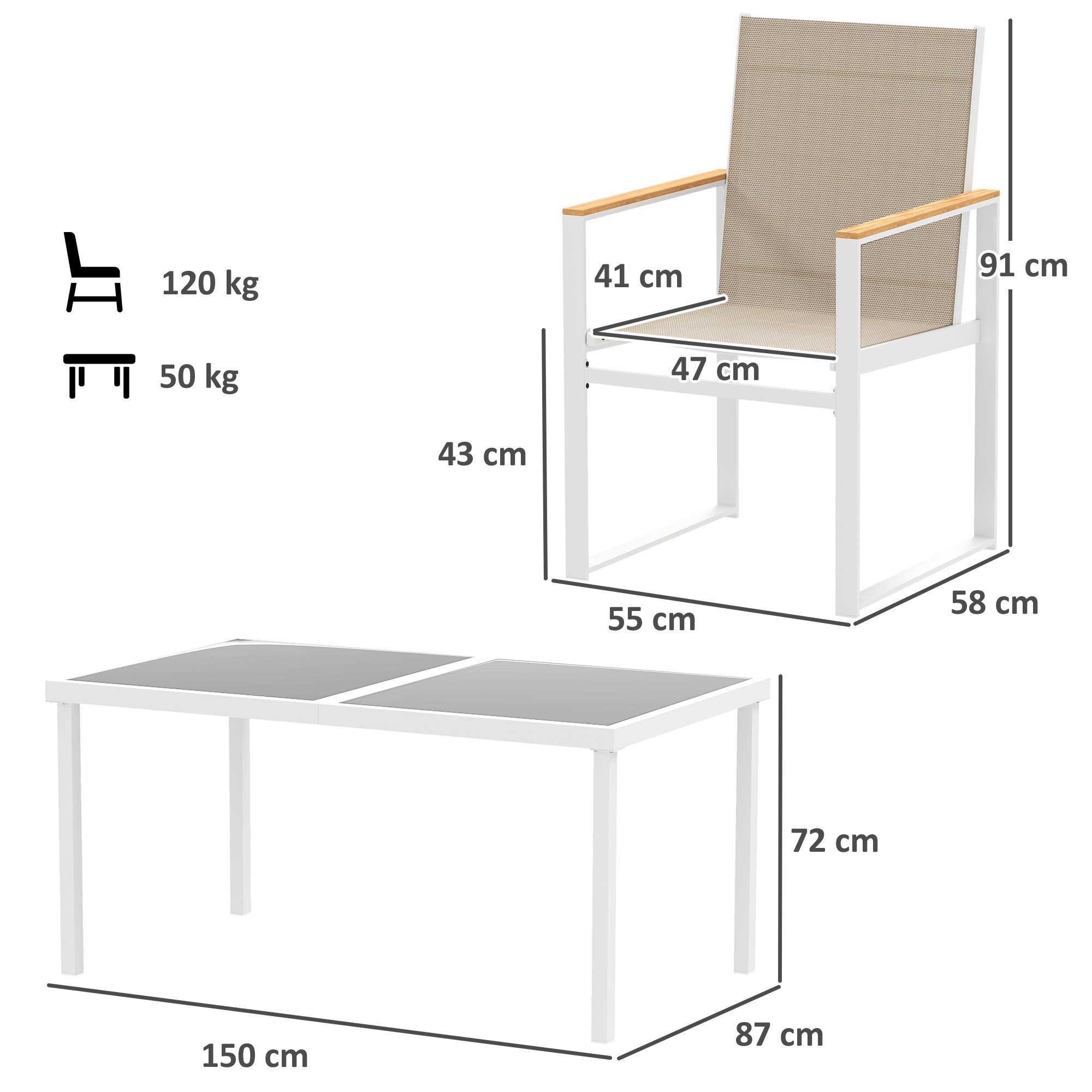 Outsunny Garten-Essgruppe für 4 Personen, abnehmbar Esstisch mit 4 Stühle, (Sitzgruppe, 5-tlg., Esszimmergruppe), mit Stahlgestell, für Terrasse, Balkon, Mehrfarbig
