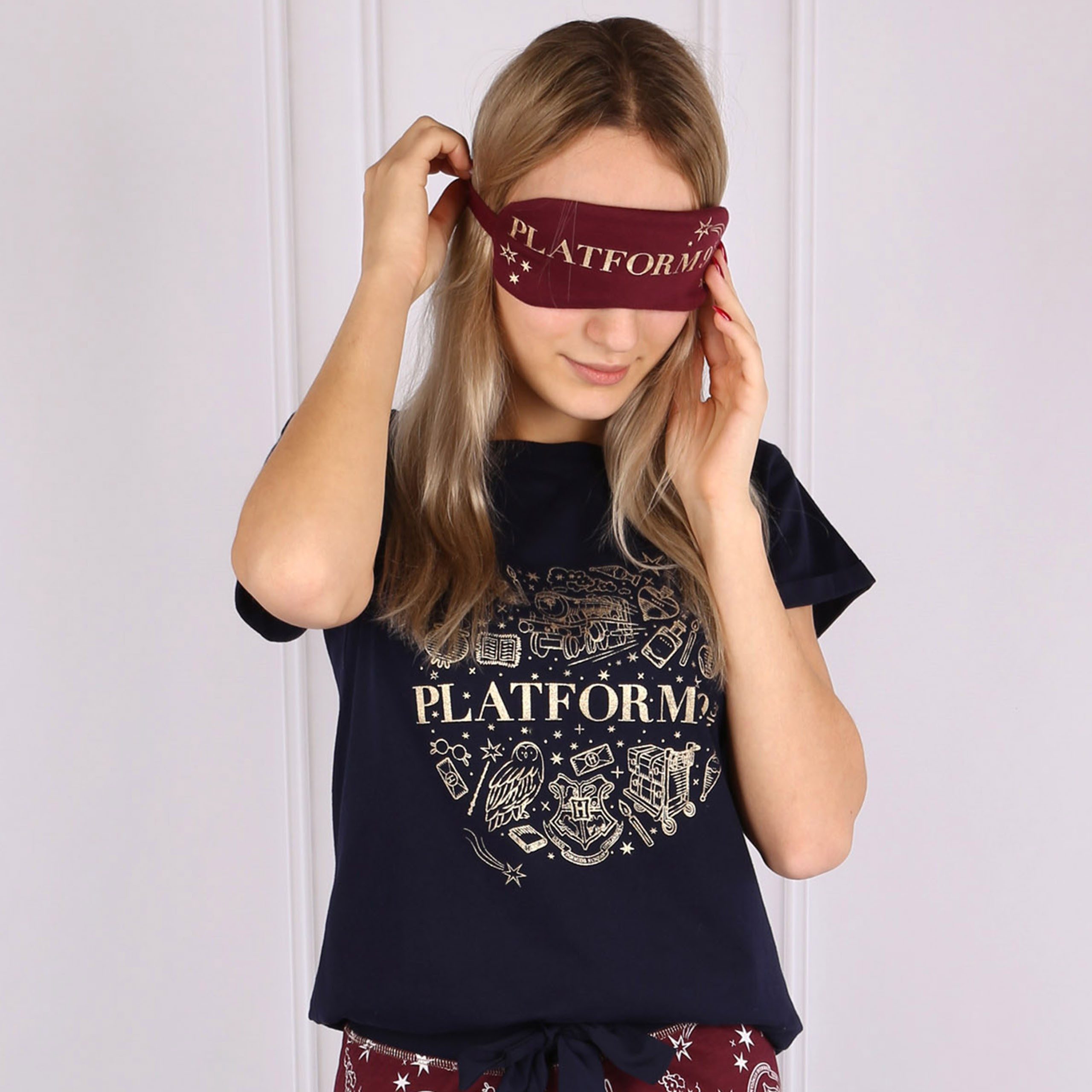 Sarcia.eu Pyjama Harry Potter Pyjama für Damen + Augenbinde, dunkelblau-burgunderrot XS