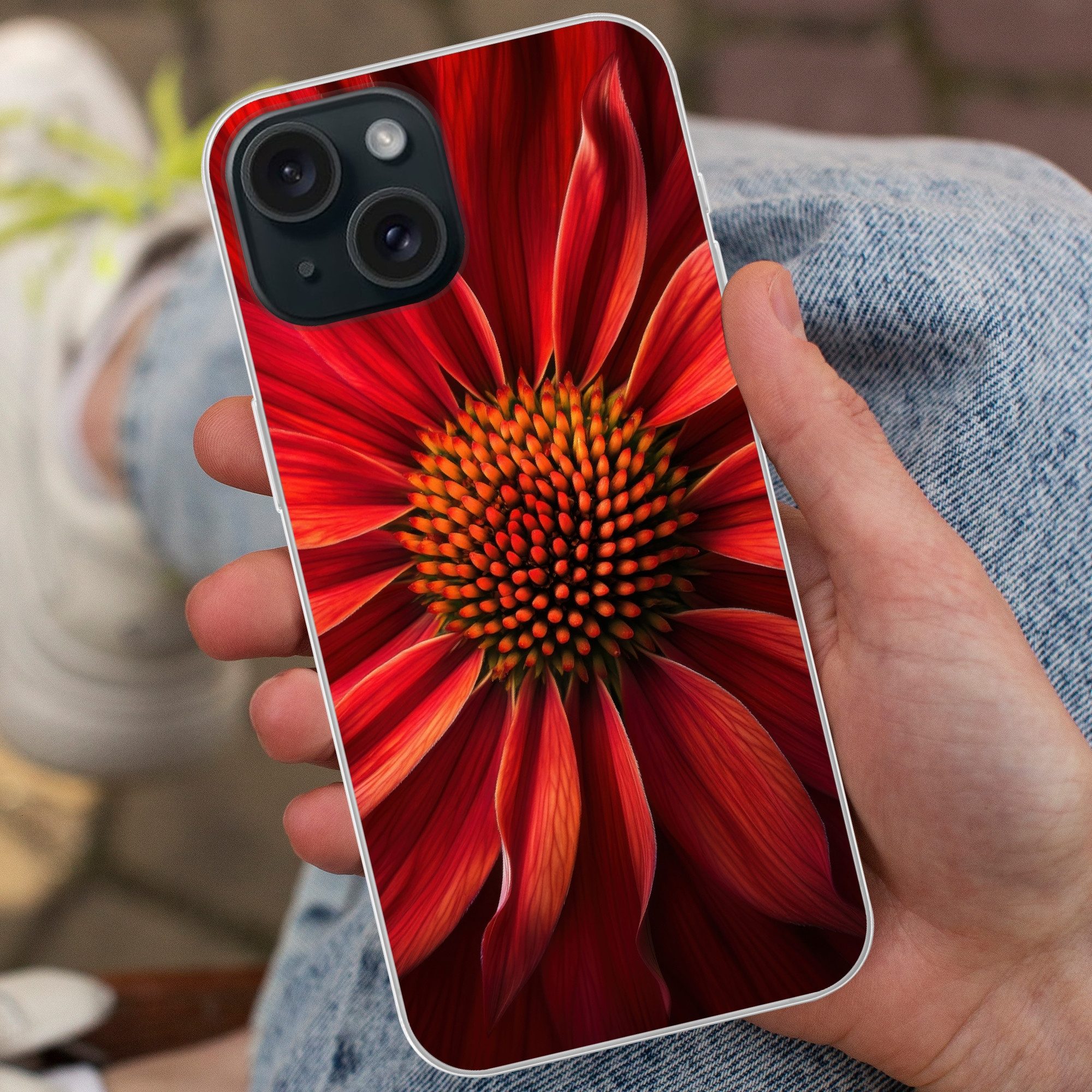 MuchoWow Handyhülle für Apple iPhone 15 Nahaufnahme - Blume - Rot, Smartphone-Bumper, Print, Handy Schutzhülle Dünn