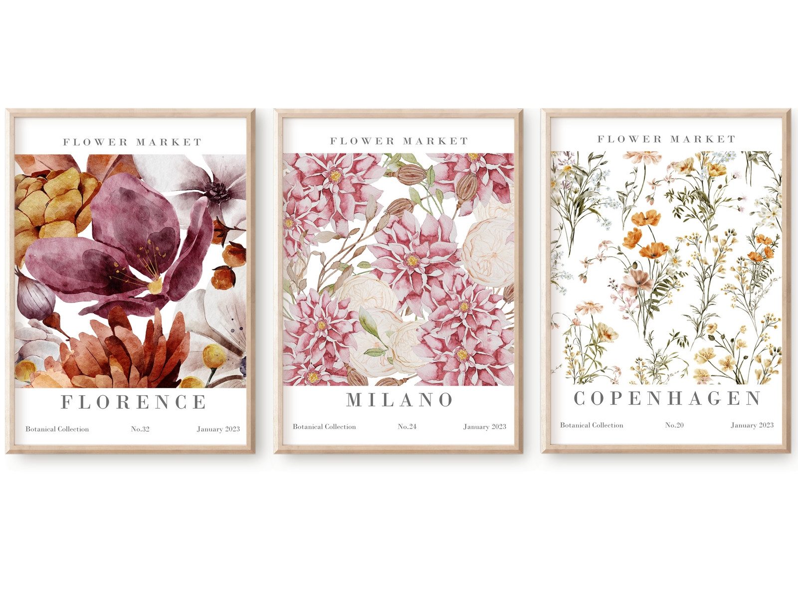 homestyle-accessoires Poster Bilderset Wandbilder FLOWER MARKET FLORENCE MILANO 3er SET, - Ohne Bilderrahmen - Sorgfältige & sichere Verpackung