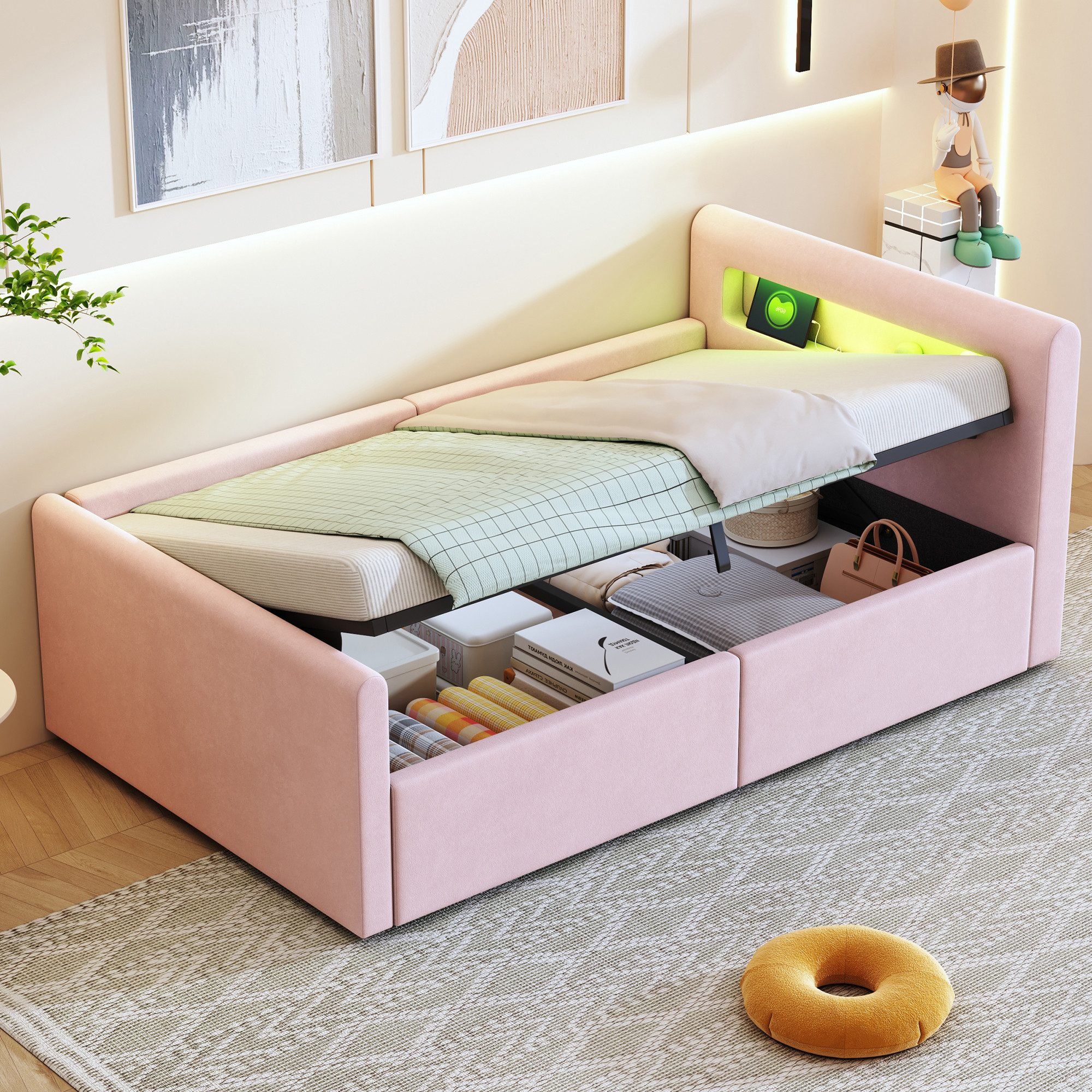 Merax Polsterbett mit hydraulischem Stauraum und Regal (Daybett Tagesbett Schlafsofa, 1-tlg), Kinderbett 90x200cm mit LED USB-Anschluss Nachtlicht, Samt Einzelbett