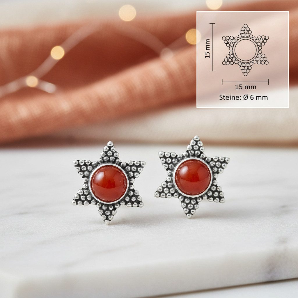 mantraroma Paar Ohrstecker STAR aus 925 Silber mit Karneol (Paar, Paar Ohrringe mit Schmuckbeutel), 925 Sterling Silber Ohrringe für Damen