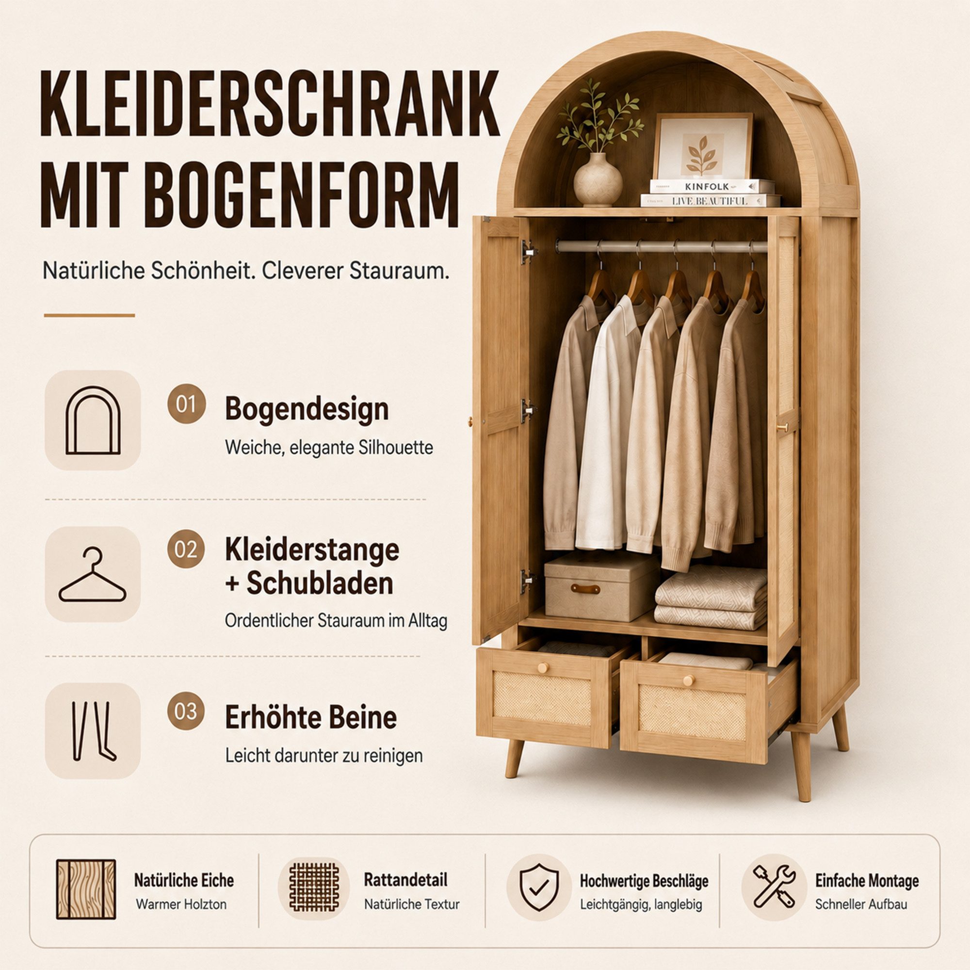 Odikalo Kleiderschrank mit Türen 2 Schubladen Rattanstruktur Kleiderstange und offener Ablage (180 cm hoch, Eichenholzmaserung kombiniert mit beiger Rattanstruk – Bild 5 von 5