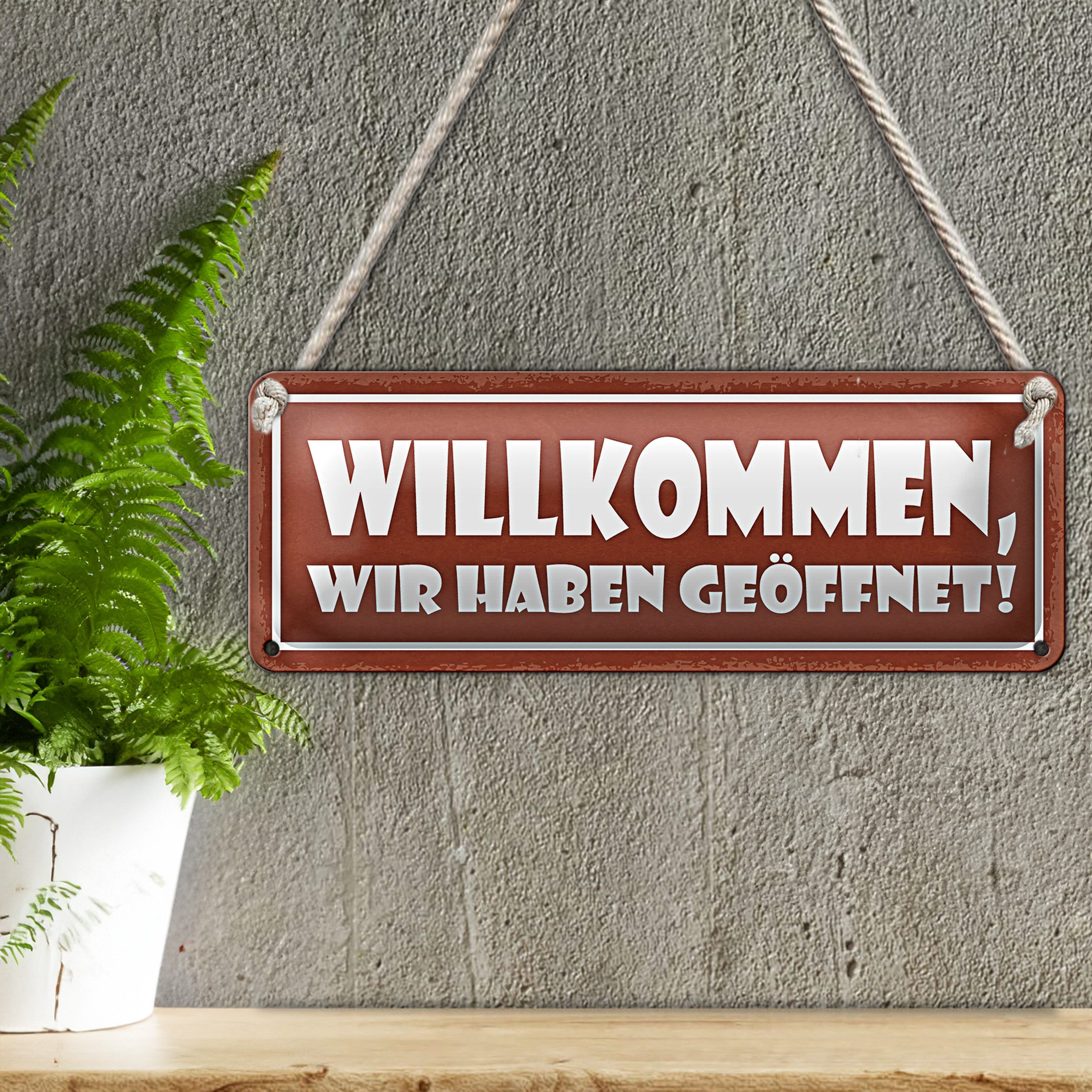 Roomando Metallschild Blechschild Hinweis 27x10cm Willkommen wir haben geöffnet