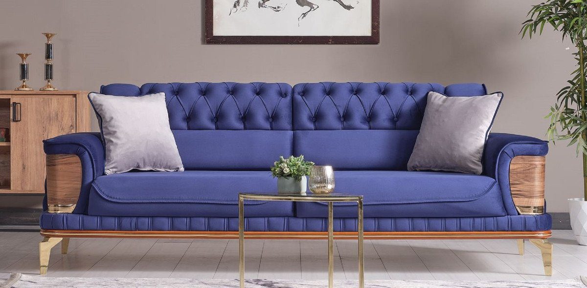 Casa Padrino Schlafsofa Luxus Schlafsofa Blau / Braun / Gold 232 x 92 x H. 85 cm - Wohnzimmer Sofa mit 2 Kissen - Luxus Wohnzimmer Möbel