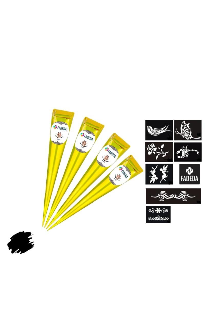 FADEDA Strass-Tattoo 4x Henna Kegel je 25g natürliche Paste, 8x Schablonen, 100 % Bio, 4 Henna Kegel je 25 Gramm + 8x Schablonen, 100 % NATÜRLICHE HENNA-PASTE INKLUSIVE 8x SCHABLONEN