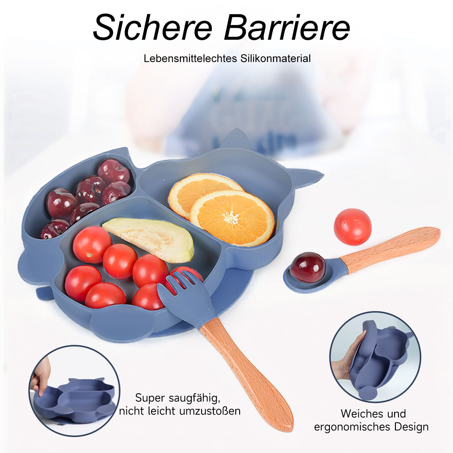 AIMAX Kindergeschirr-Set Baby-Teller 8-teiliges Set Kinderteller mit Saugnapf, Kindergeschirr Teller Lätzchen Schüssel Löffel Gabel Trinkbecher – Bild 5 von 5