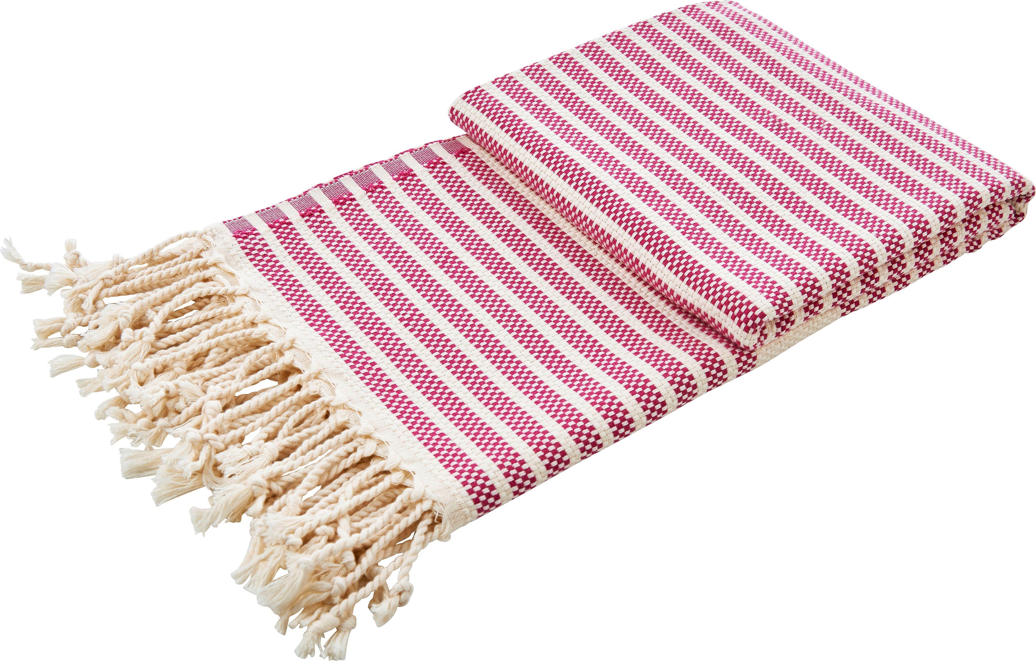 Plaid Lounge Stripes, done.®, Leichtes Plaid mit geknoteten Fransen pink/beige | Plaids