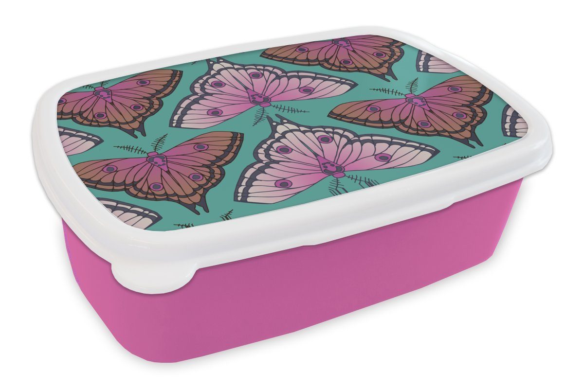 Lunchbox Kunststoff -, - - - Brotdose (2-tlg), Motten - Mädchen Muster Snackbox, Mädchen Kinder rosa Brotbox MuchoWow Kunststoff, Erwachsene, Kinder - Mädchen, - für Kinder, Insekten