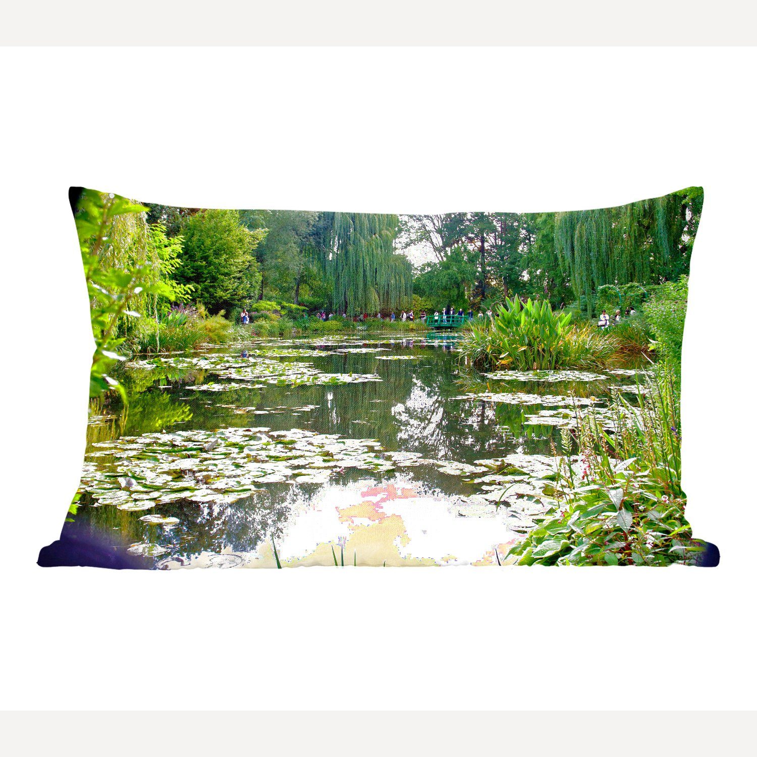 MuchoWow Dekokissen Die Sonne spiegelt sich auf dem Wasser in Monets französischem Garten, Wohzimmer Dekoration, Zierkissen, Dekokissen mit Füllung, Schlafzimmer