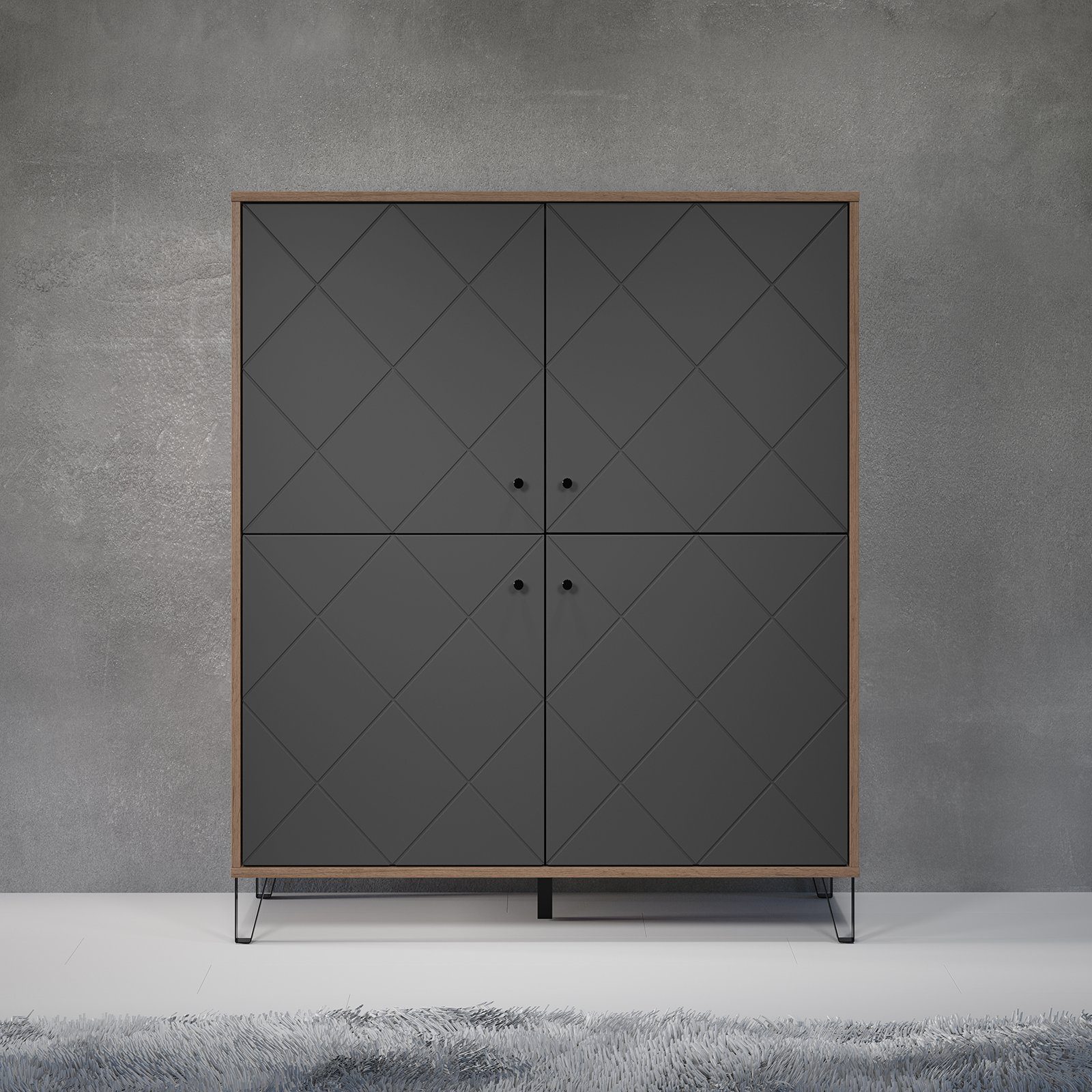 trendteam Highboard, Schrank Wohnzimmerschrank Kommode Braun/Grau 123x136x40cm
