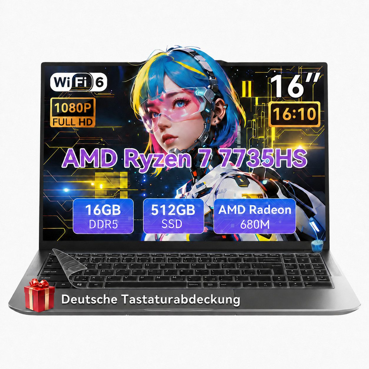 blackview GamiBook 6 16" AMD Ryzen 7 gaming business laptop mit Tastaturfolie Notebook (AMD Ryzen 7 7735HS AMD Ryzen™ 7 7735HS, 16 GB, 512 GB SSD, 16:10 FHD/16GB LPDDR5+512GB SSD/AMD Radeon 680M Graphics/Wifi 6)
