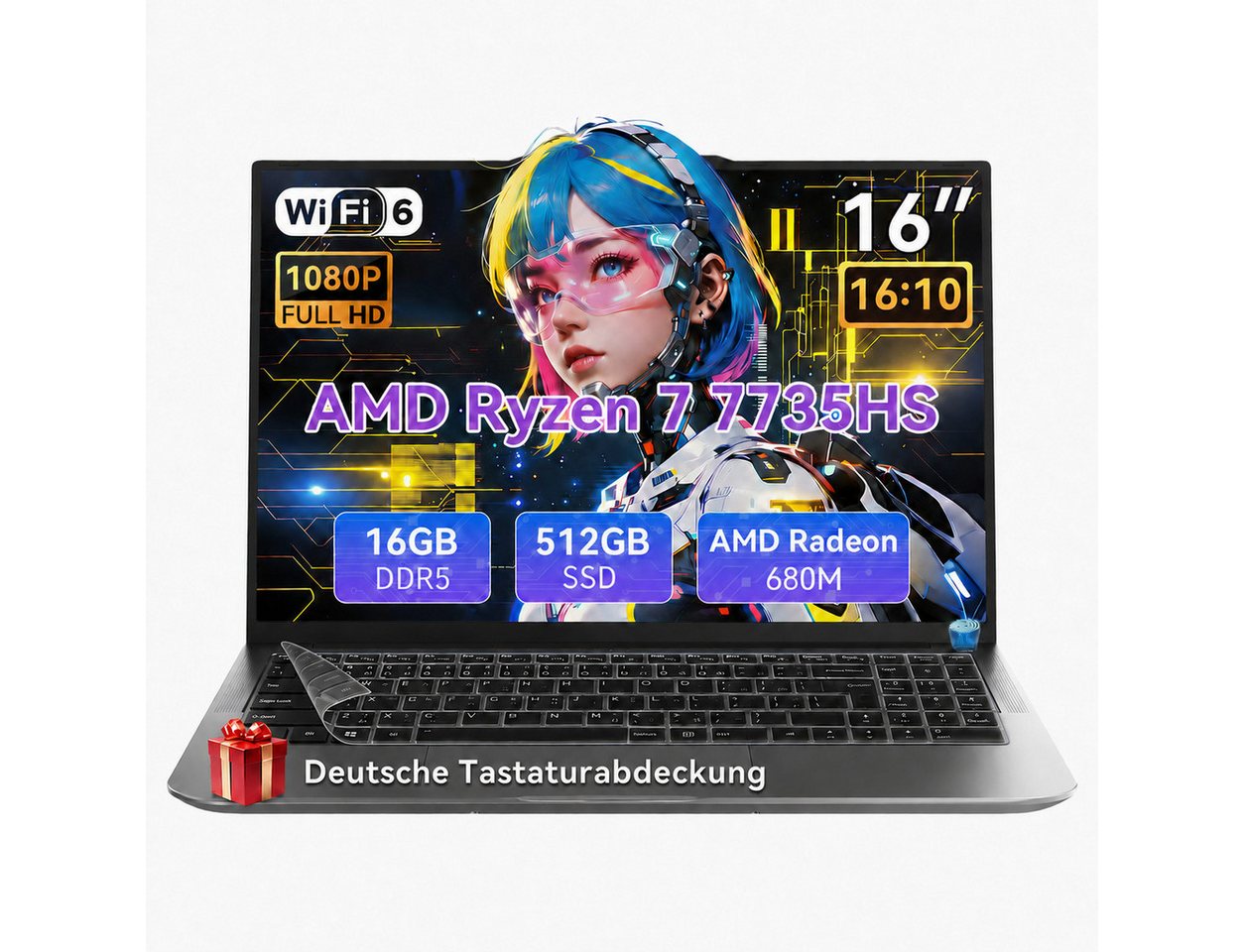 blackview GamiBook 6 16" AMD Ryzen 7 gaming business laptop mit Tastaturfolie Notebook (AMD Ryzen 7 7735HS AMD Ryzen™ 7 7735HS, 16 GB, 512 GB SSD, 16:10 FHD/16GB LPDDR5+512GB SSD/AMD Radeon 680M Graphics/Wifi 6)
