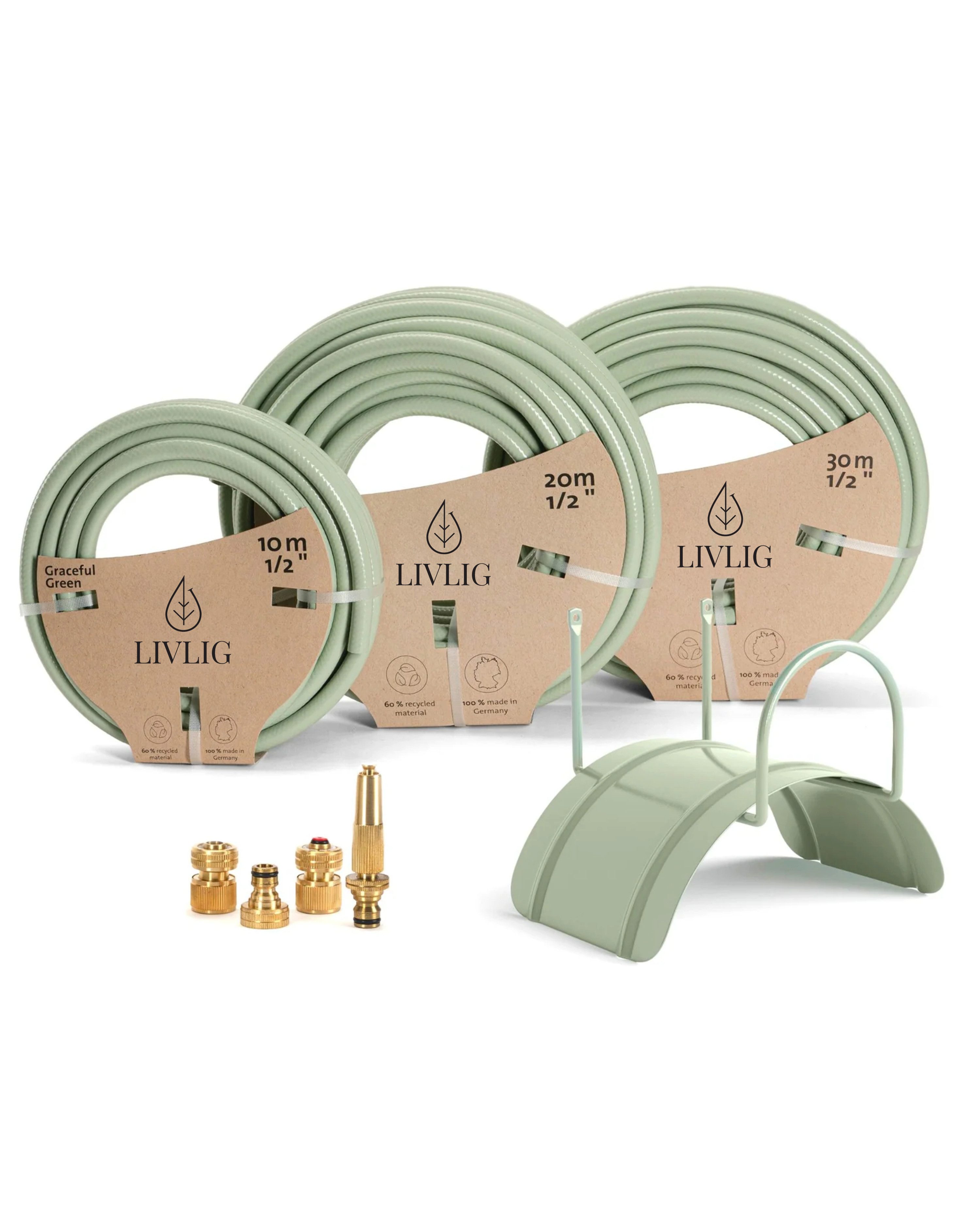LIVLIG Gartenschlauch im Set, Schöner Gartenschlauch, Wandhalterung, Spritze, Grün