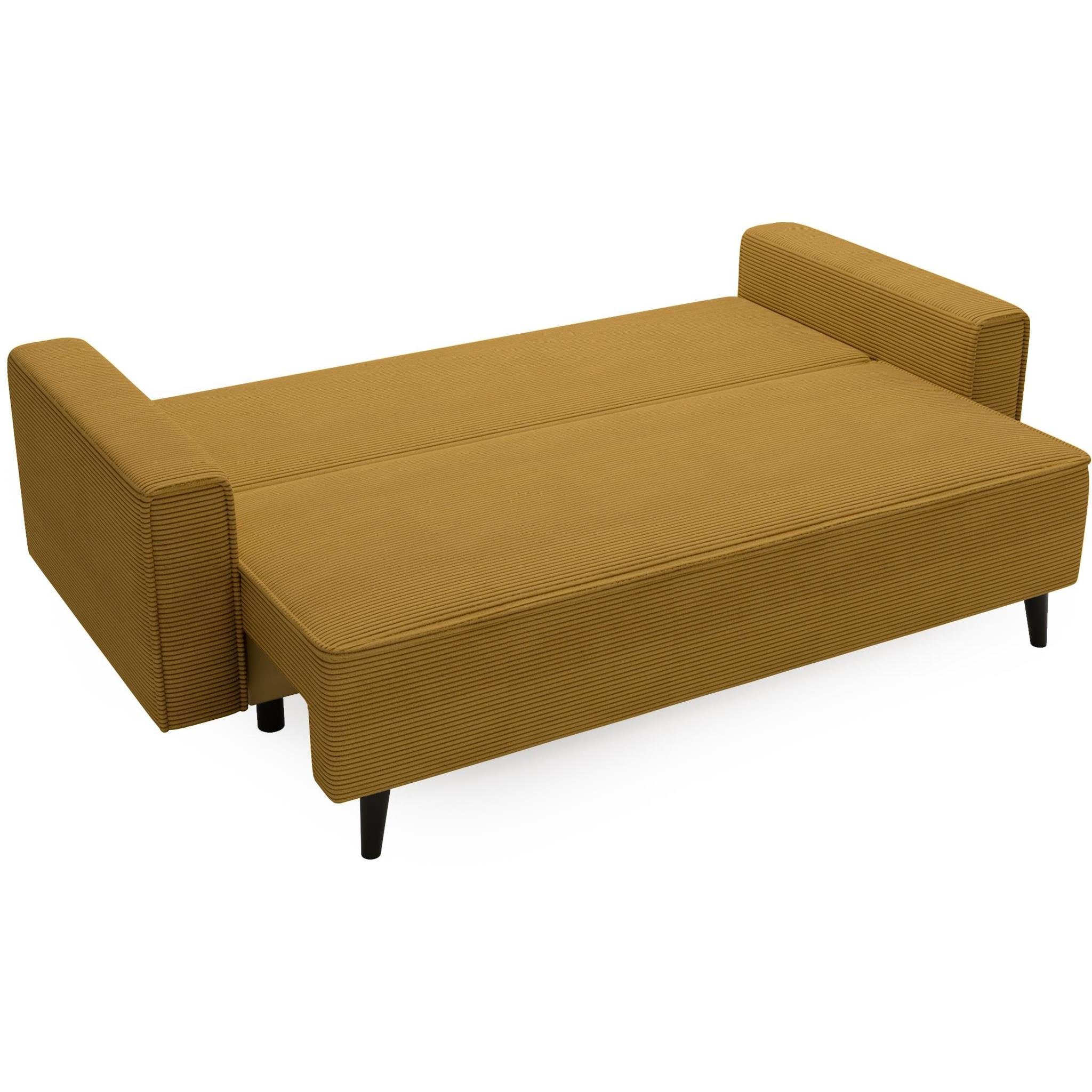 Beautysofa Polstergarnitur Schlafsofa Sessel (Polsterset und Gelb Wellenunterfederung, Monte, Bettkasten, mit 01) Holzbeine mit Cord-Bezug, (poso schwarze Hocker), aus