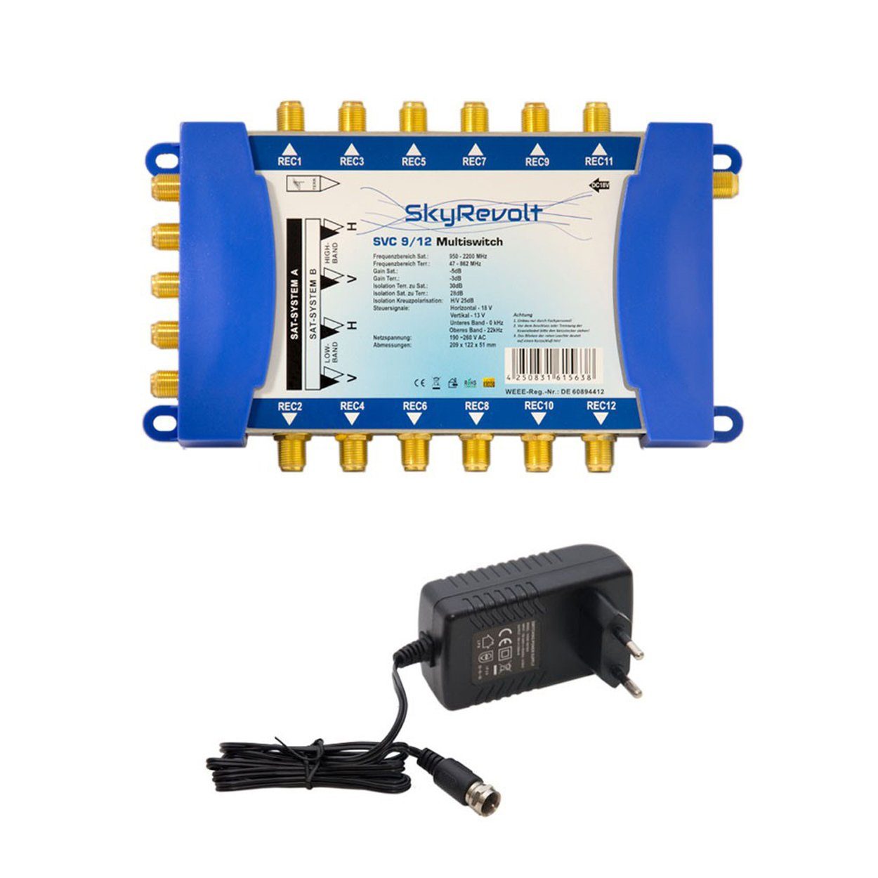 SkyRevolt SAT-Multischalter SVC 9/12 Multiswitch Netzteil Multischalter 2 SAT 12 Anschlüsse