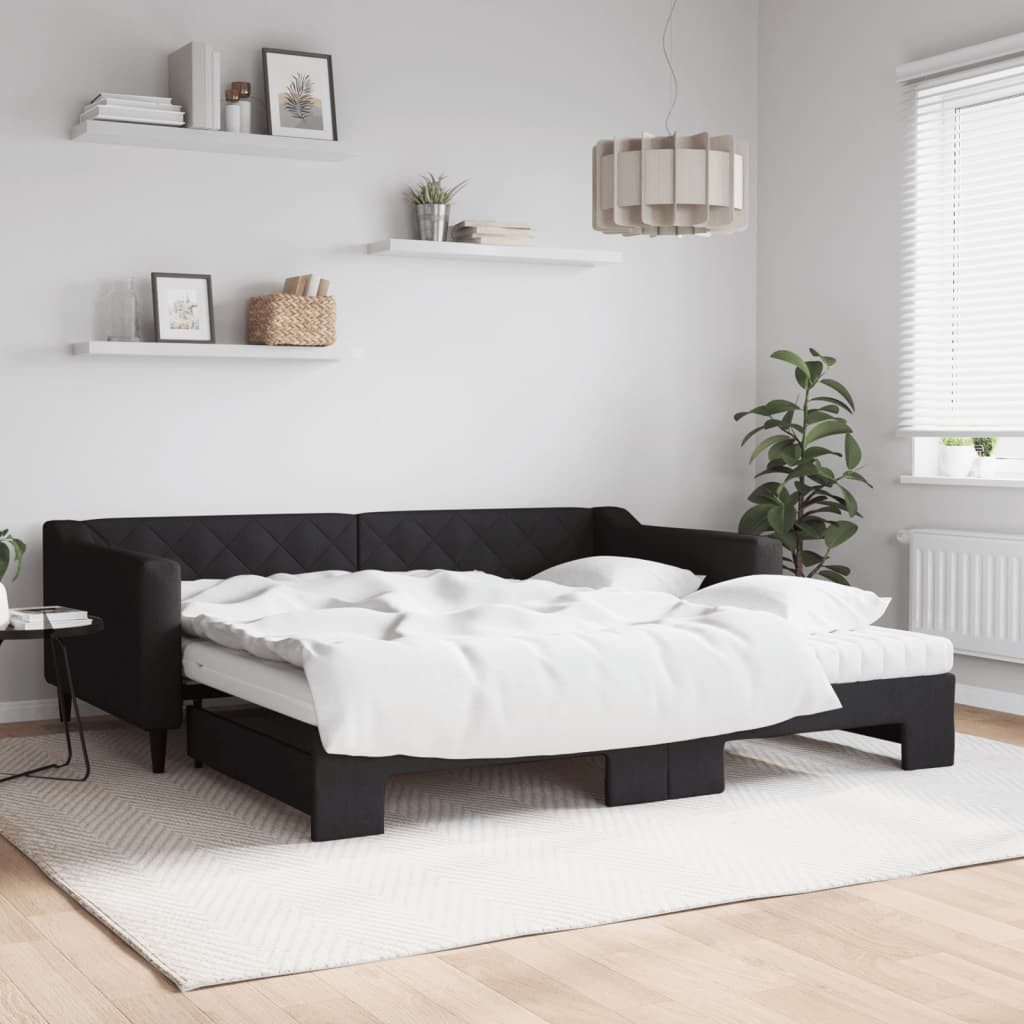 vidaXL Daybed, Tagesbett Ausziehbar mit Matratzen Schwarz 100x200 cm Stoff