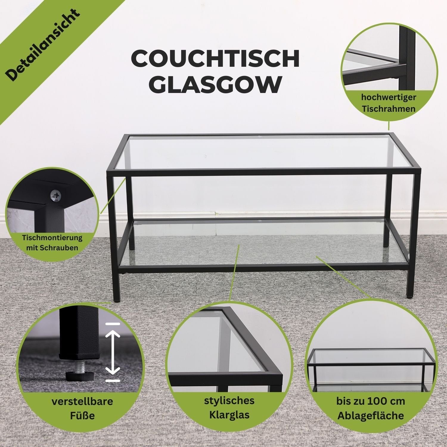 Mein-Regal Wohnzimmertisch GLASGOW, Schwarz, Wohnzimmertisch Metallgestell günstig online kaufen